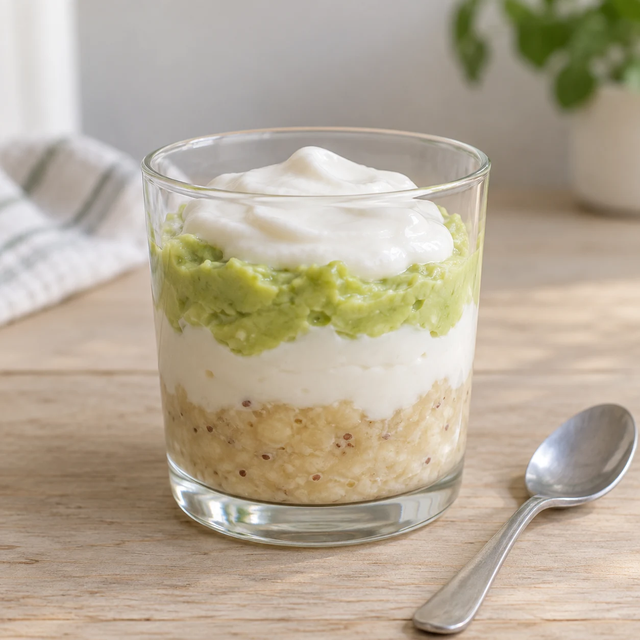Layers of mashed banana, white dairy-free yogurt and mashed avocado in a short clear glass.