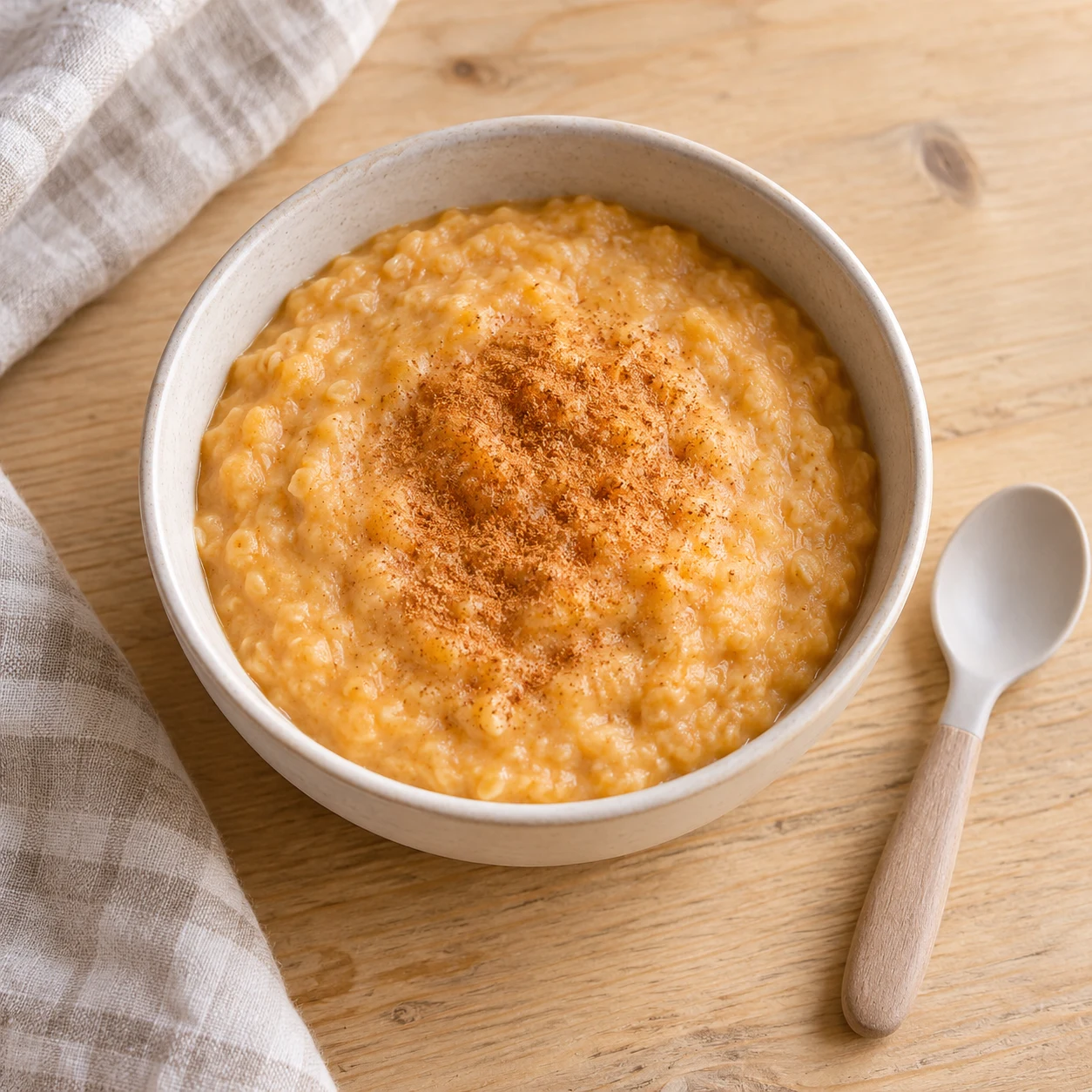 Smooth orange sweet potato, pear and oat porridge with a light cinnamon dusting in a ceramic bowl.