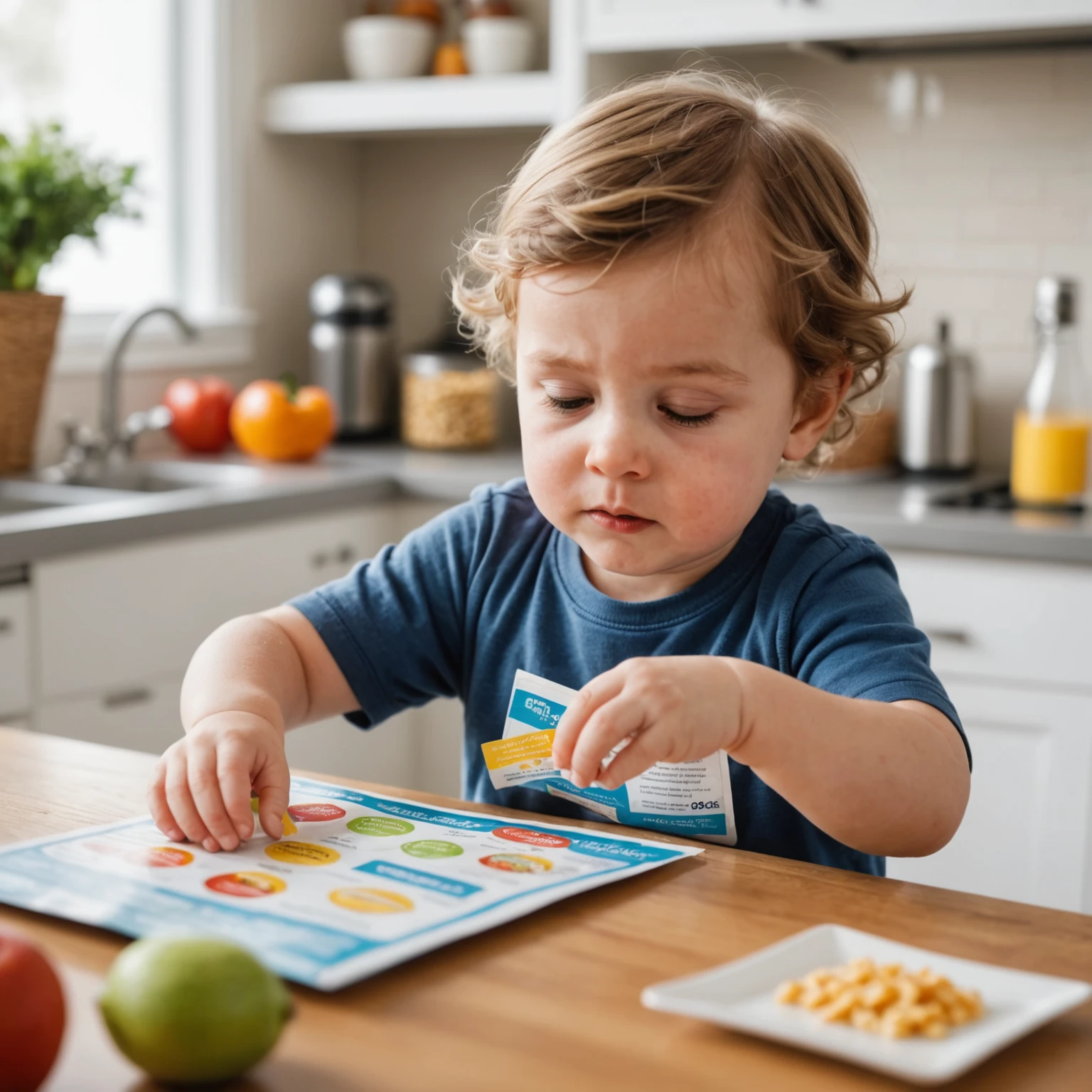 Close-up of a parent's hands reading allergen information on toddler snack packaging, emphasizing careful label reading for food allergy safety.