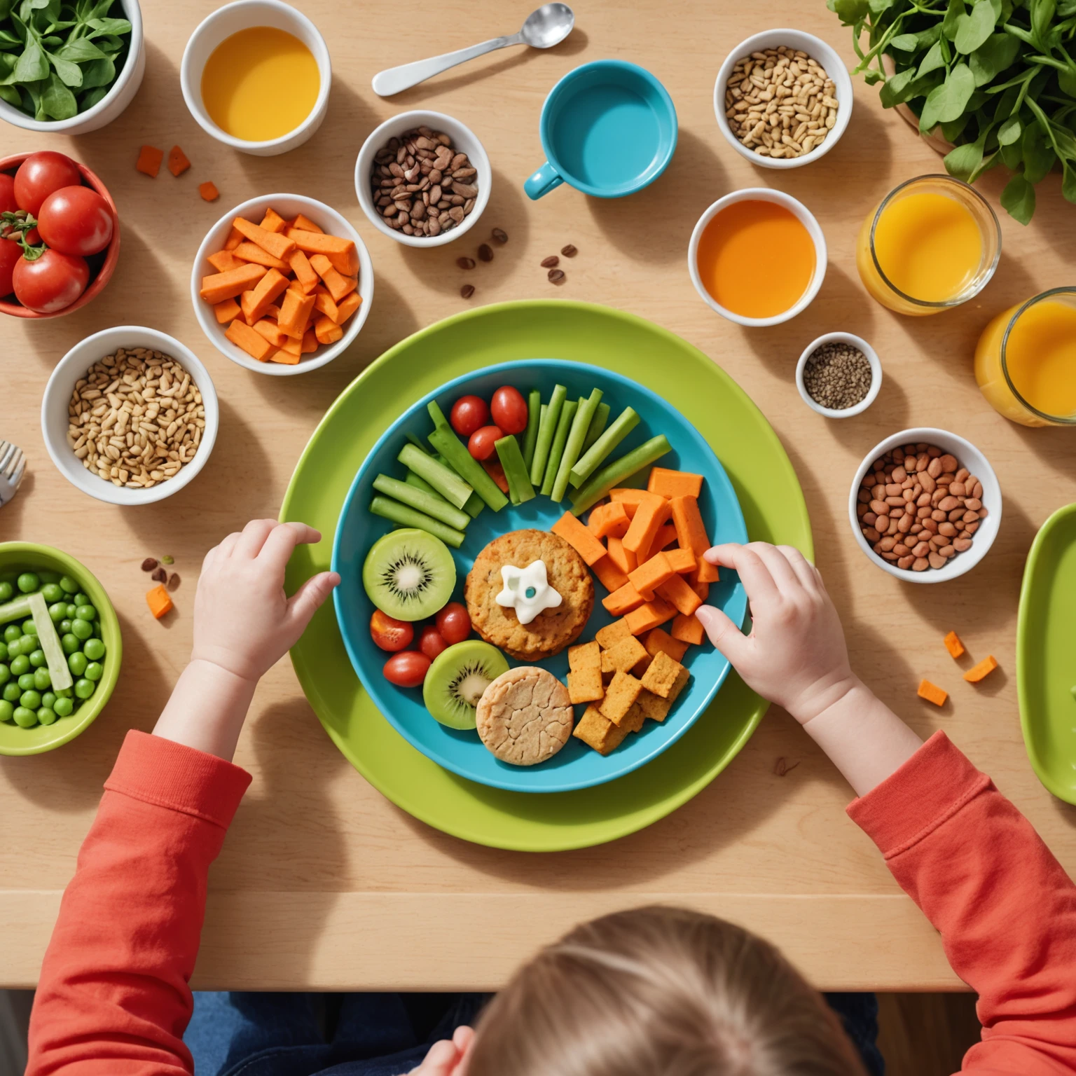 Colorful toddler meal plate with allergy-friendly biscuits and vegetable sticks presented in fun shapes to encourage picky eaters managing food allergies.