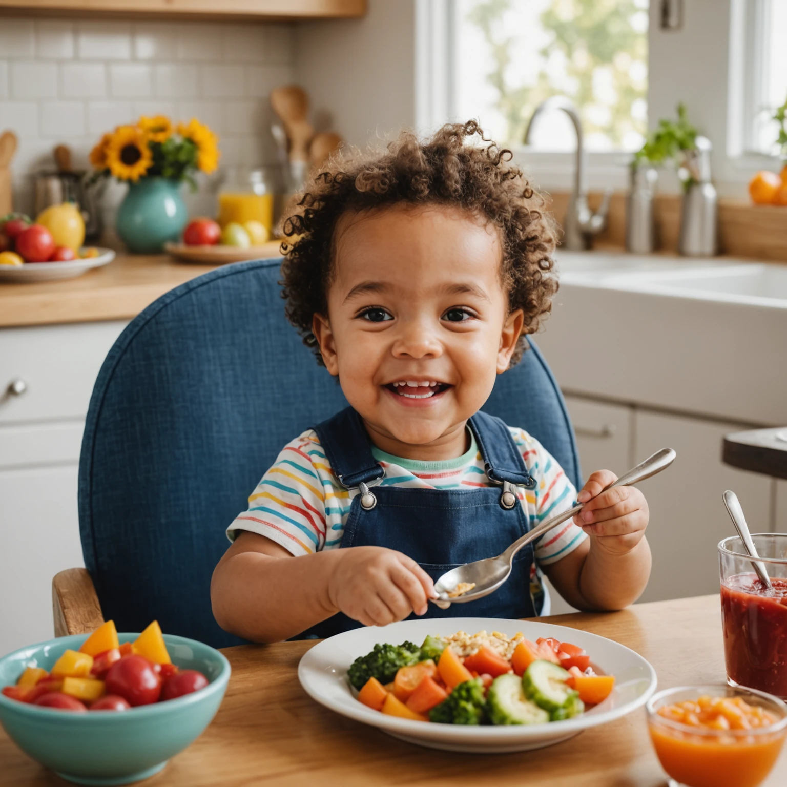 Toddler confidently self-feeding with child-friendly utensils at a kitchen table, while a parent watches nearby in a calm, positive environment.