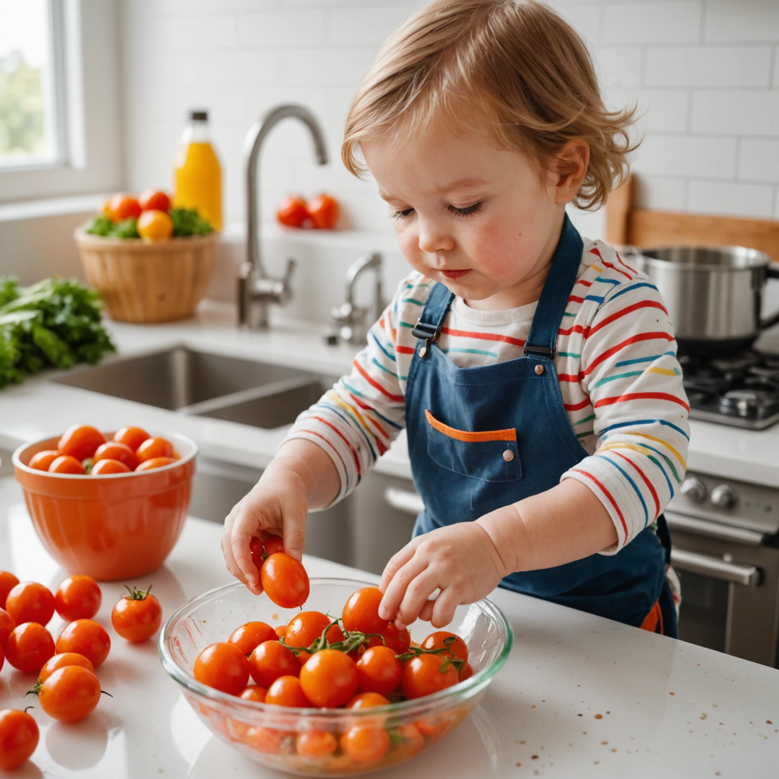 Toddler washing vegetables in a child-sized bowl, wearing a colorful apron, engaging actively in safe meal preparation.