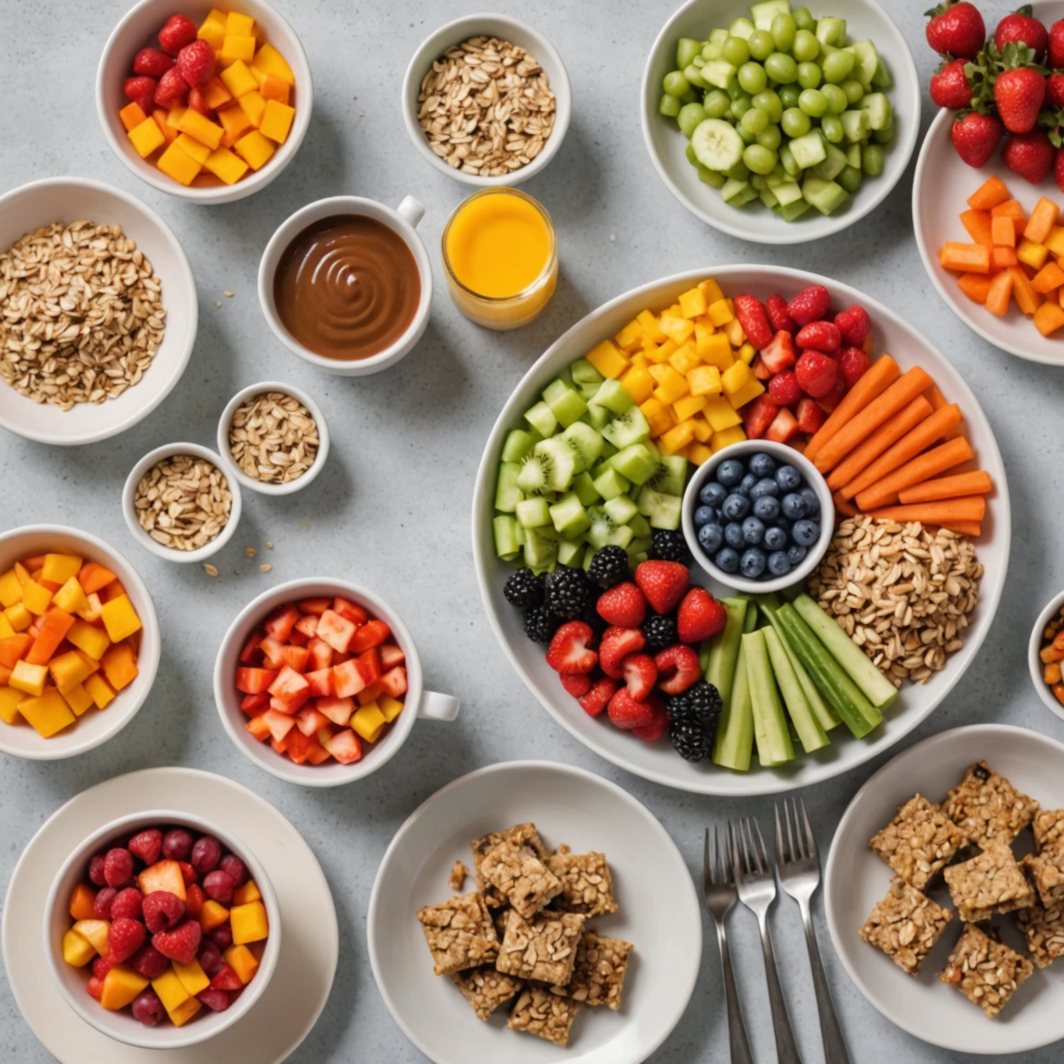 Toddler-friendly table setup with colorful finger foods, child-sized utensils, and a spill-proof cup promoting independent eating.