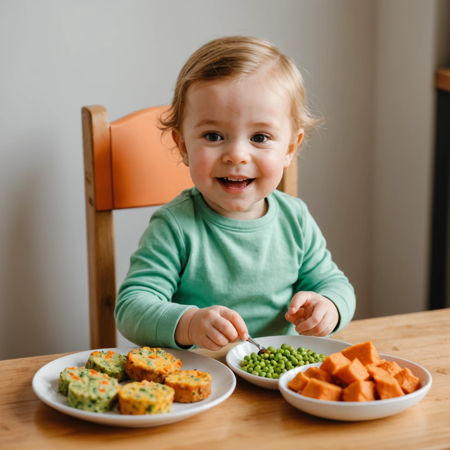 Toddler enjoying colorful homemade nutrient-dense finger foods like sweet potato peas biscuits and quinoa mini frittatas at a wooden table, promoting healthy iron and protein intake.