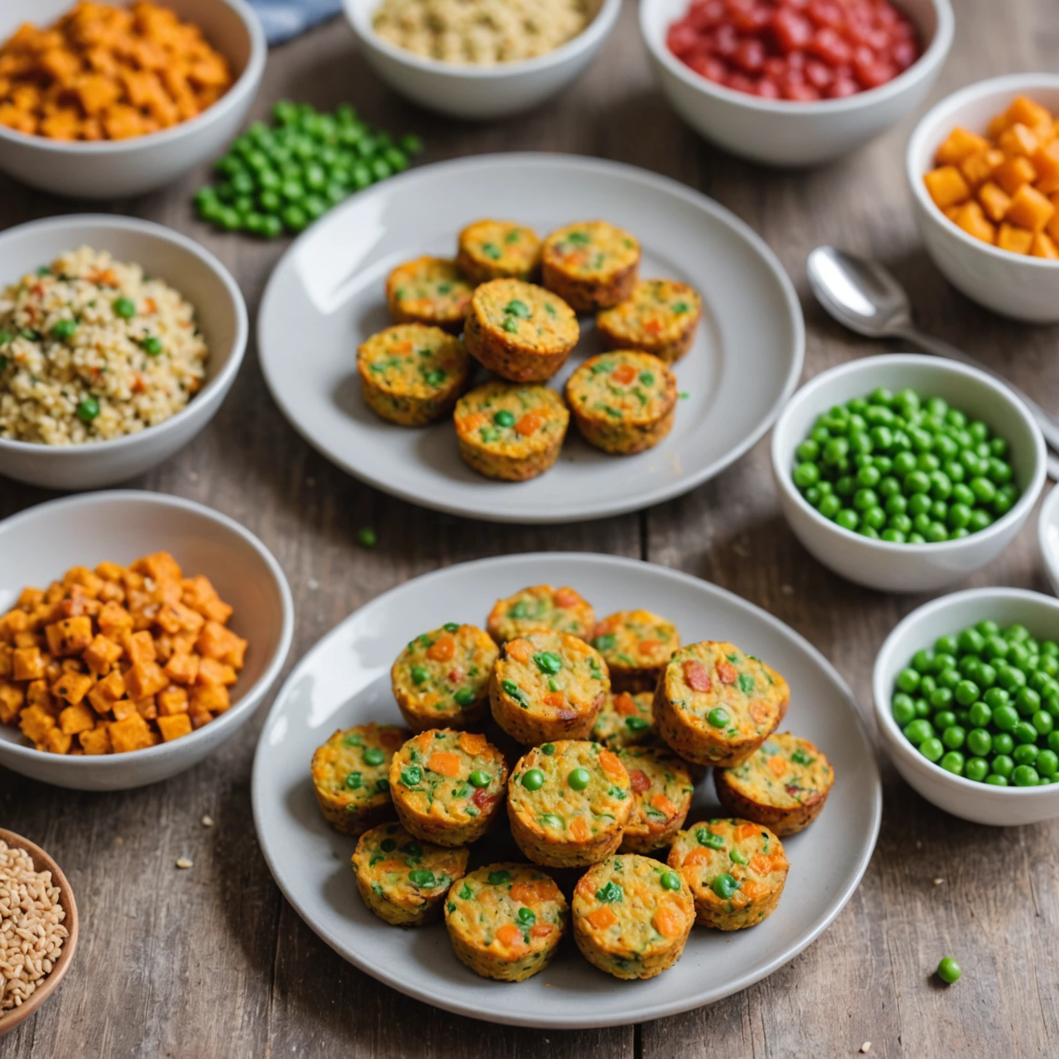 Close-up of allergy-friendly finger foods including sweet potato pea biscuits, quinoa mini frittatas, red lentils and peas on a toddler-friendly plate in a bright kitchen.