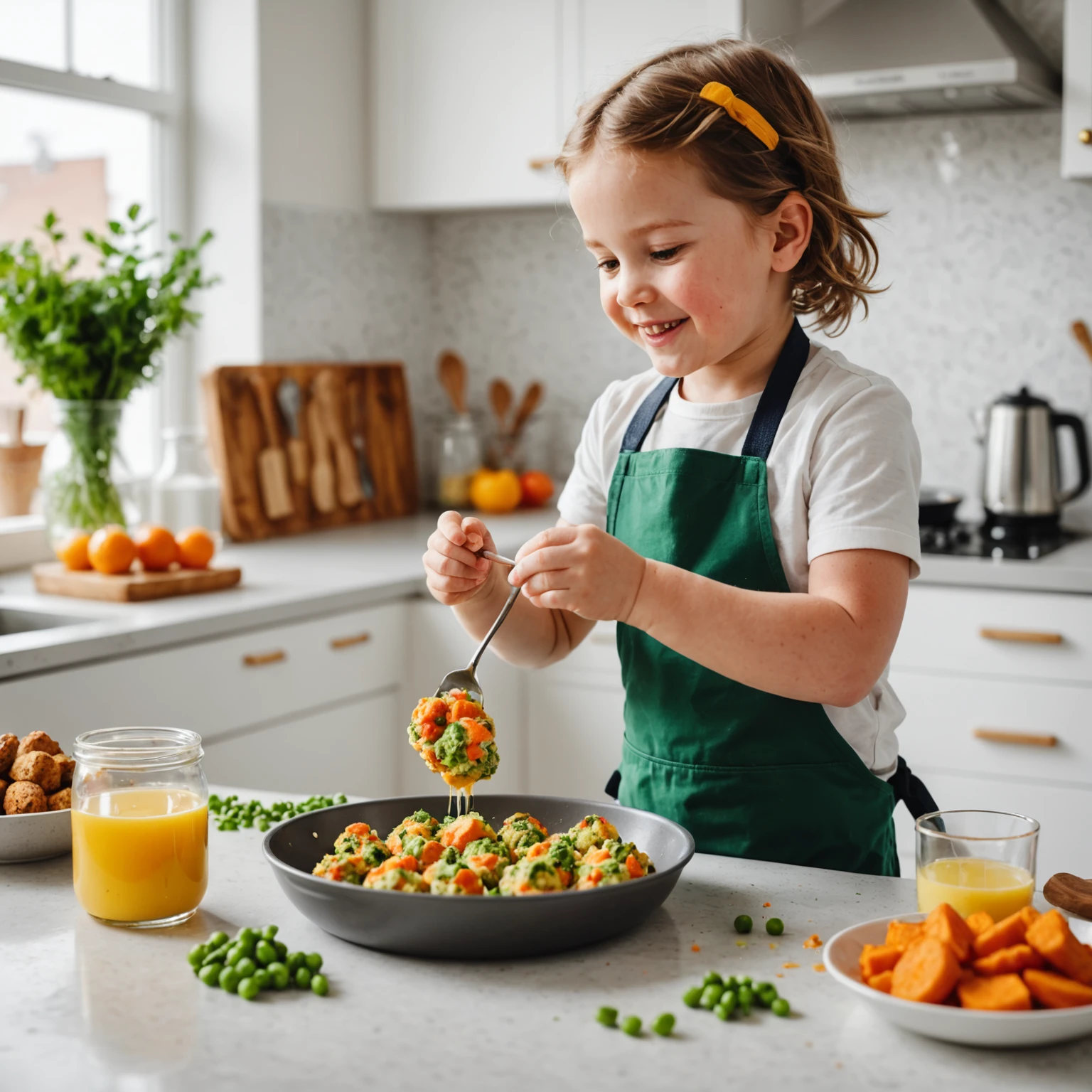 Parent preparing nutrient-rich, allergy-friendly finger foods like sweet potato biscuits and quinoa frittatas for their toddler in a bright modern kitchen.
