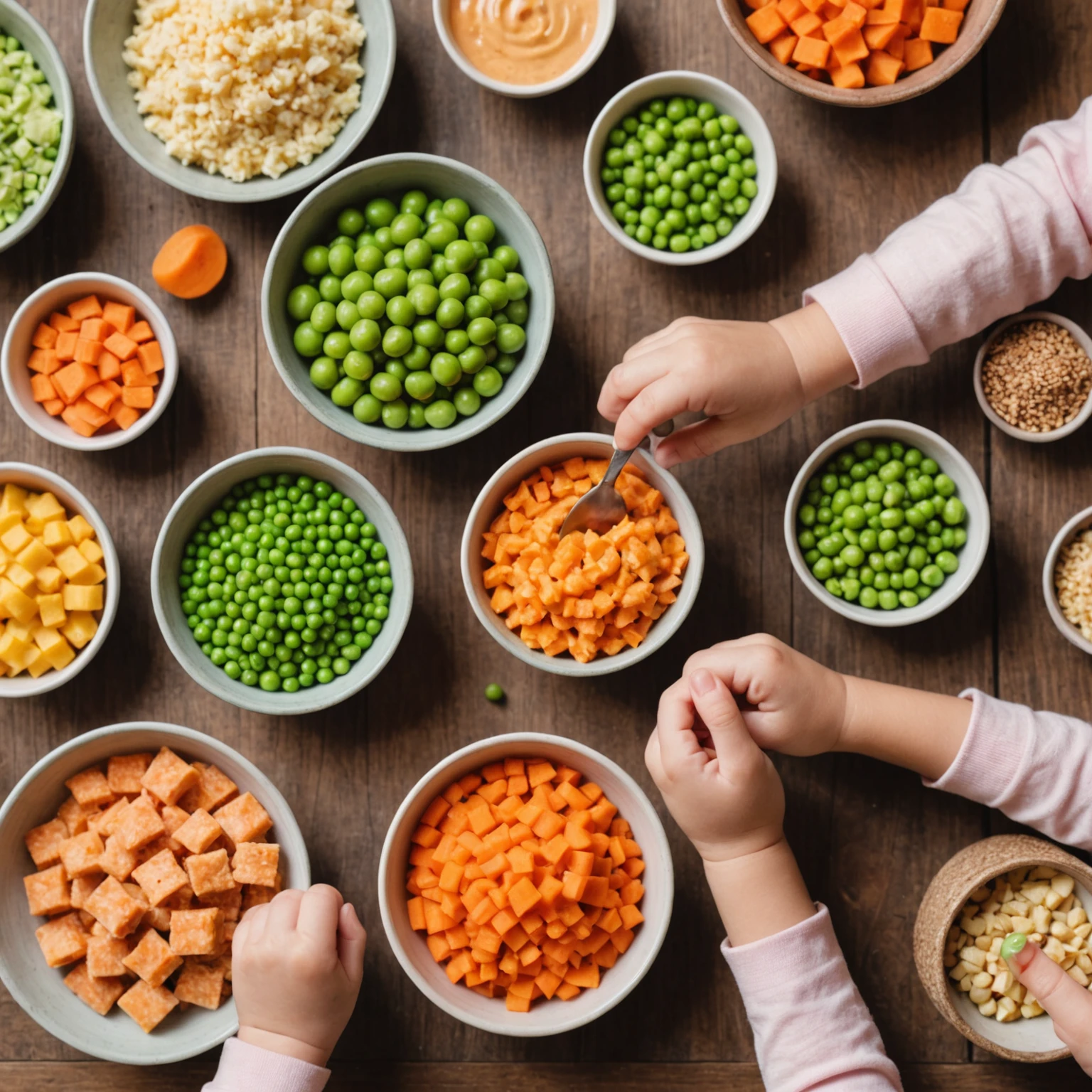 Close-up of toddler's hand reaching for a variety of textured healthy snacks including smooth purees and soft finger foods on a wooden table