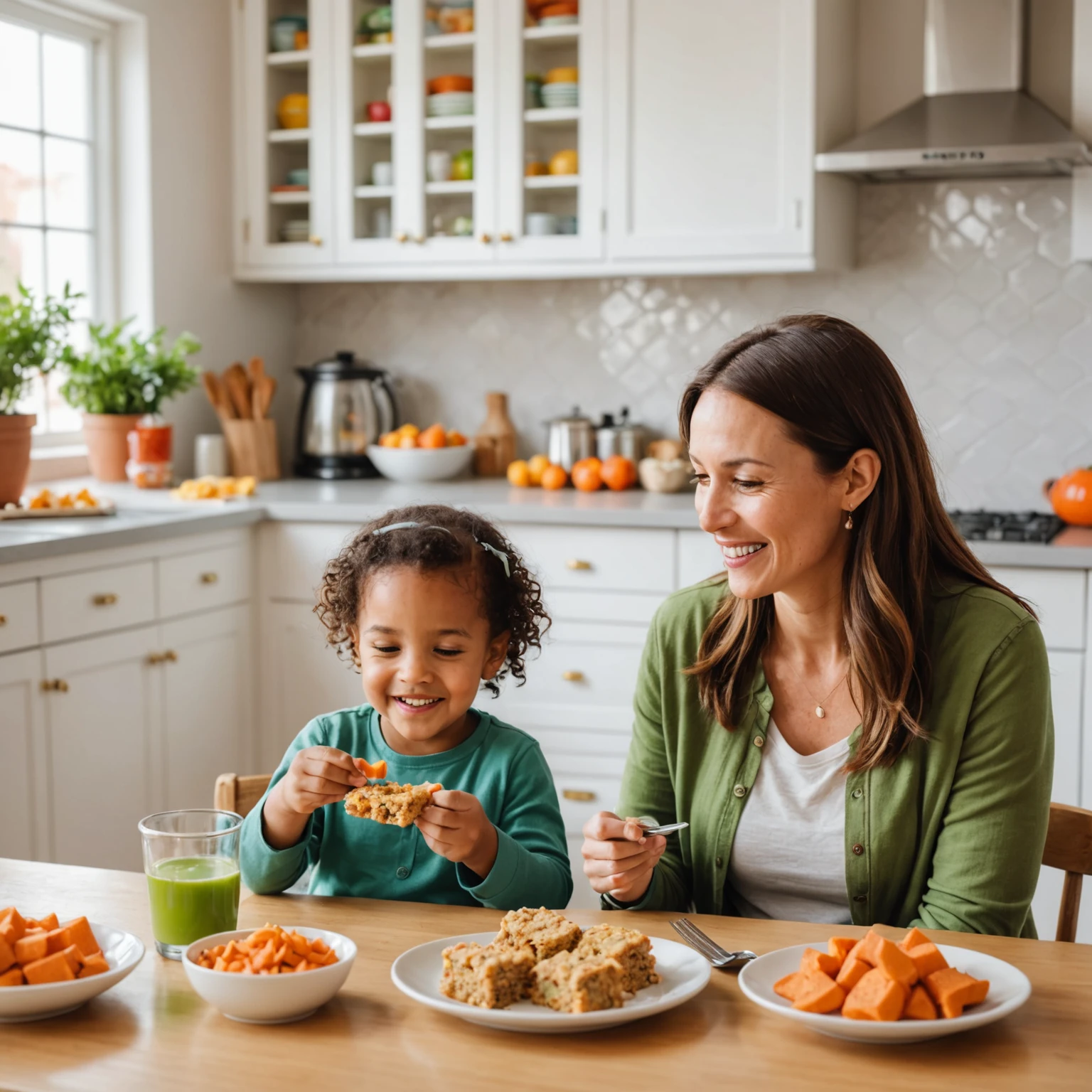 Toddler and parent sharing a positive mealtime experience with allergy-friendly homemade snacks in a bright and cozy kitchen