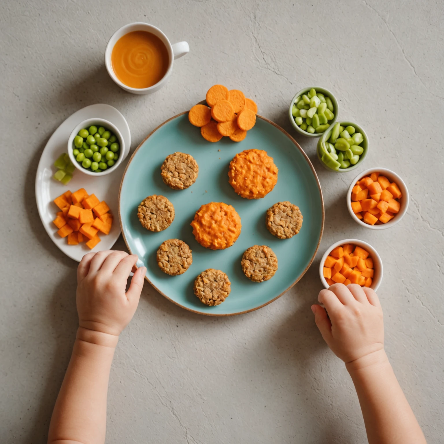 Toddler's hand reaching for a plate with mini carrot and apple oat bars and sweet potato pea biscuits, demonstrating healthy snack options for toddlers
