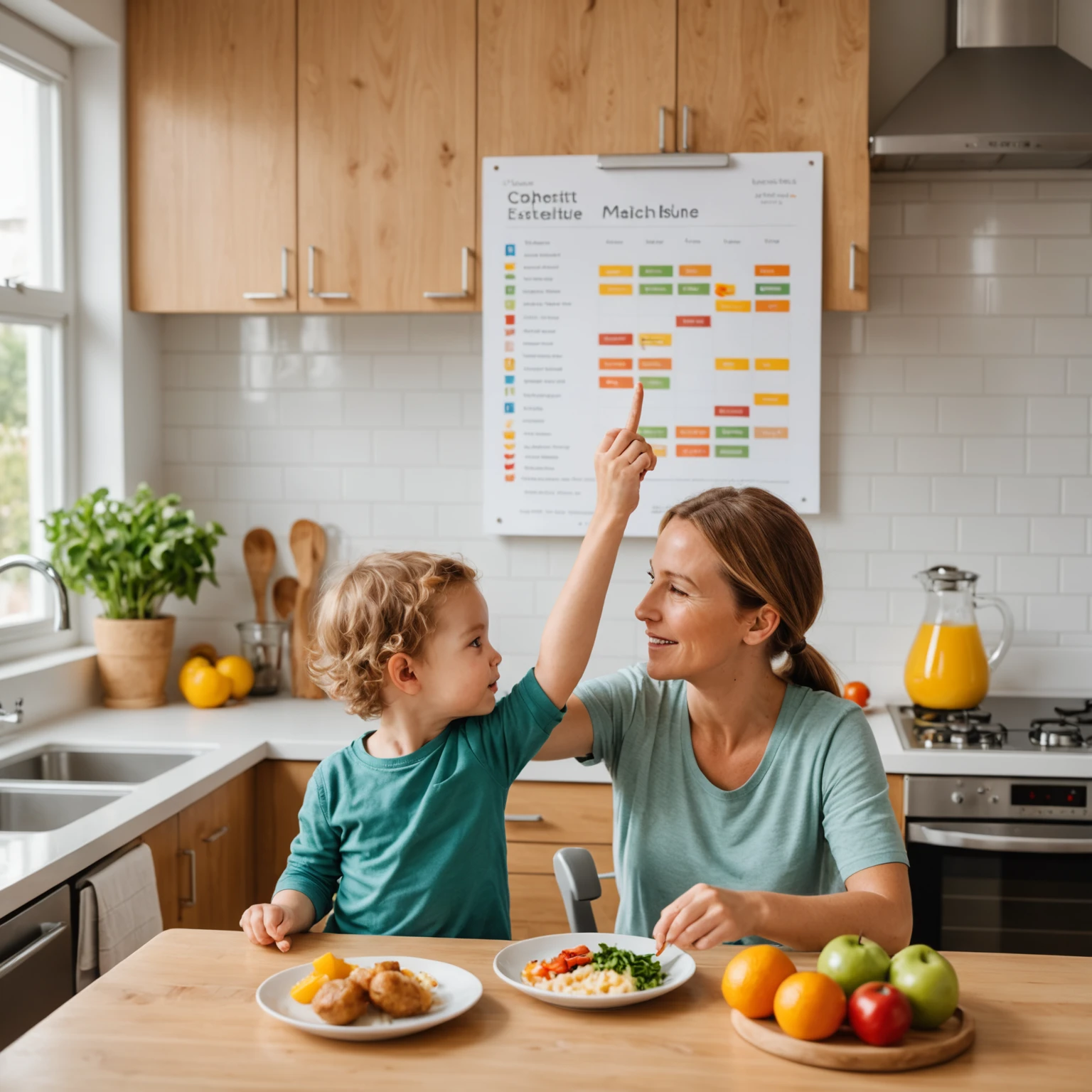 Parent and toddler together reviewing a colorful visual meal schedule chart in a warmly lit kitchen, emphasizing structured nutrient timing and feeding routines