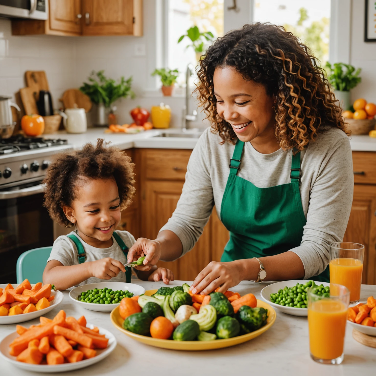 Toddlers exploring colorful, creatively shaped vegetable plates with a smiling parent in a sunlit kitchen, promoting positive vegetable introduction.
