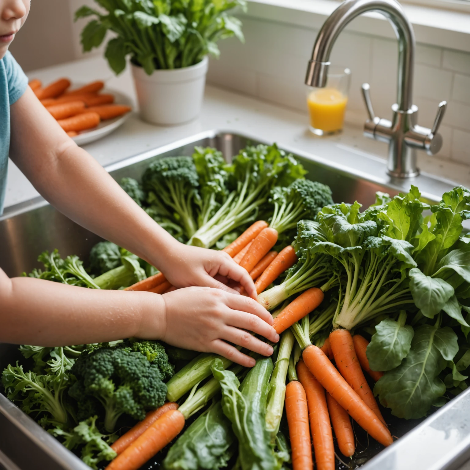 Close-up of toddler’s hands washing fresh vegetables under running water, engaging in food preparation.