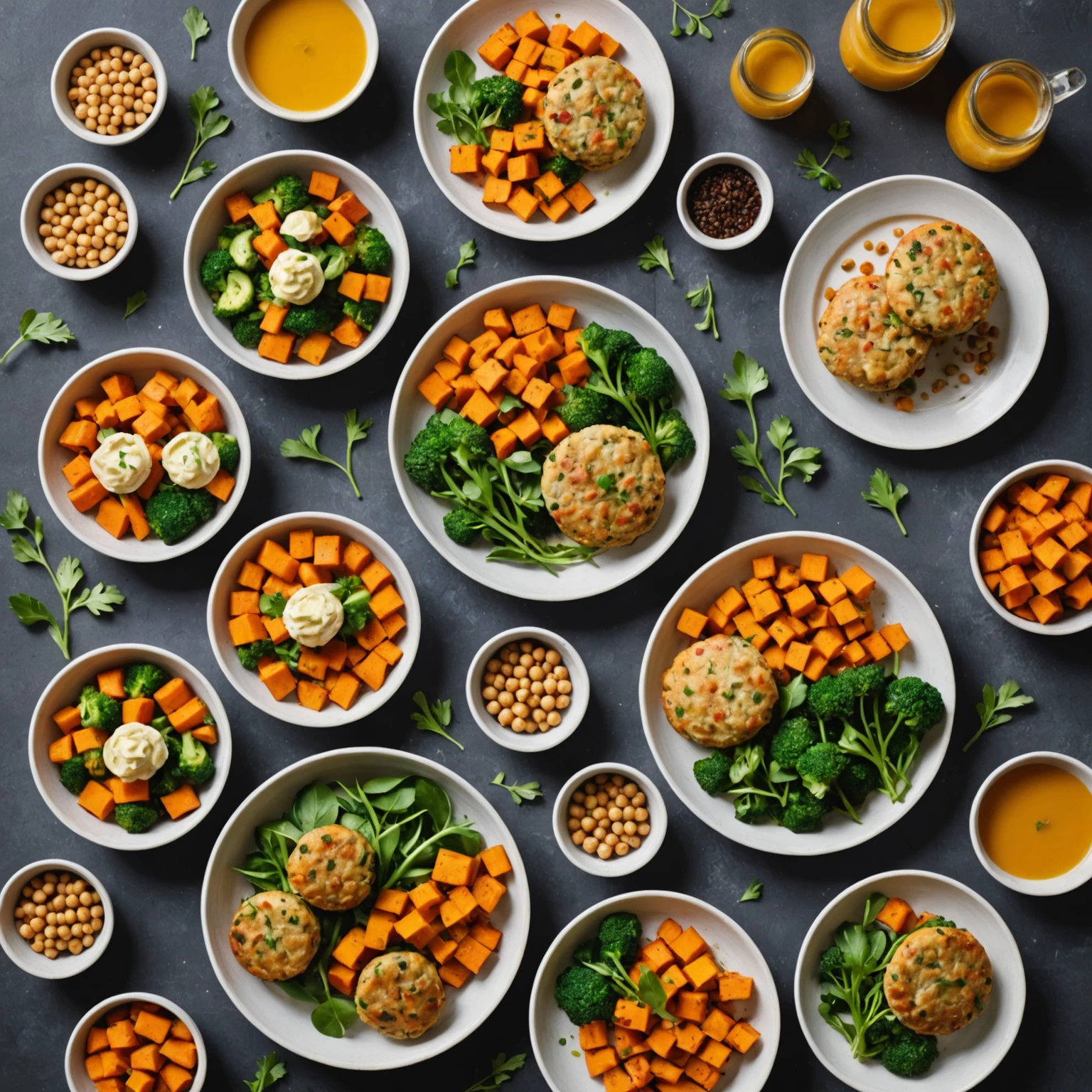 Overhead view of a toddler-friendly meal with steamed and roasted vegetables, sweet potato mini scones, and chickpea patties arranged playfully on a plate.