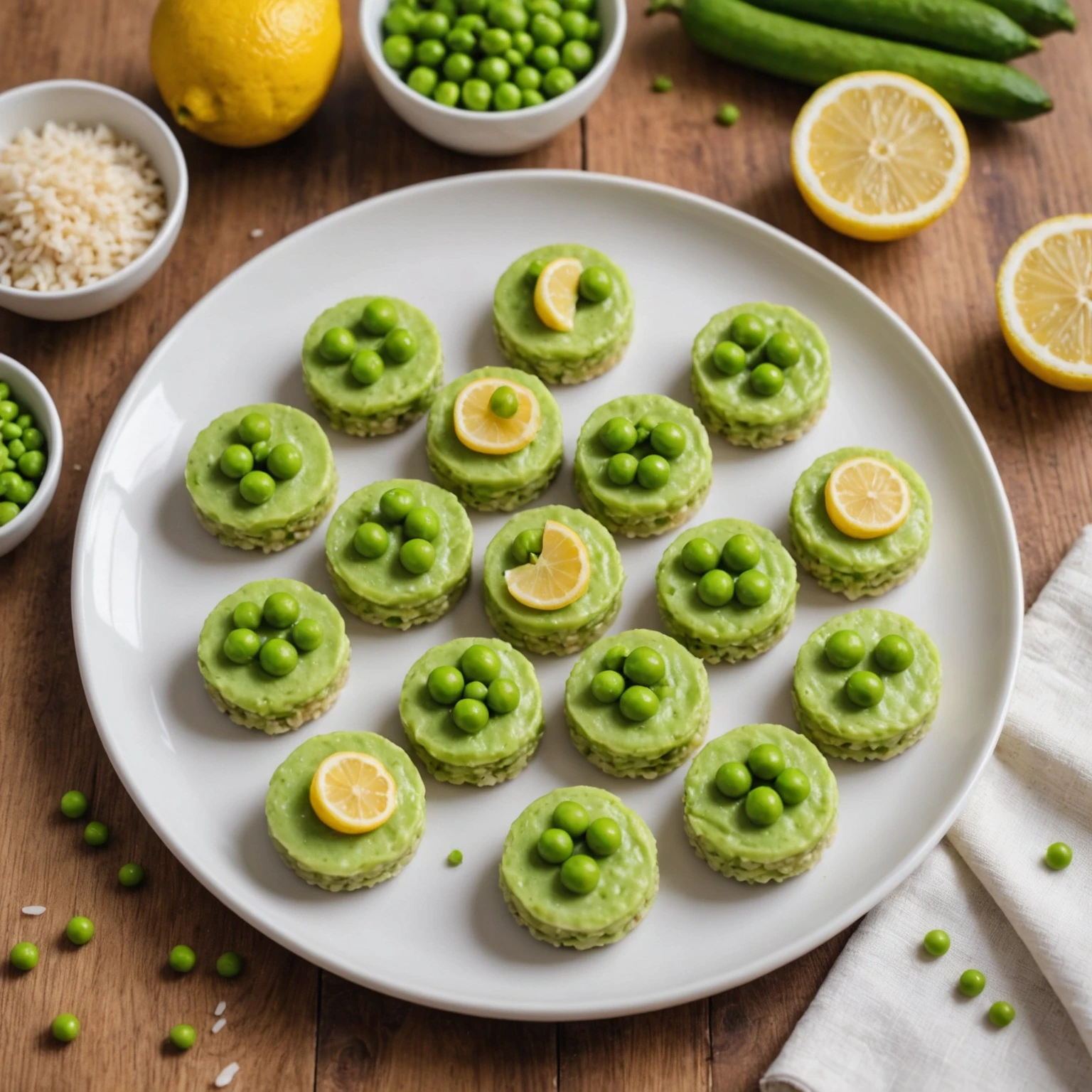 Pea and Avocado Mini Rice Cakes with Mild Lemon Zest