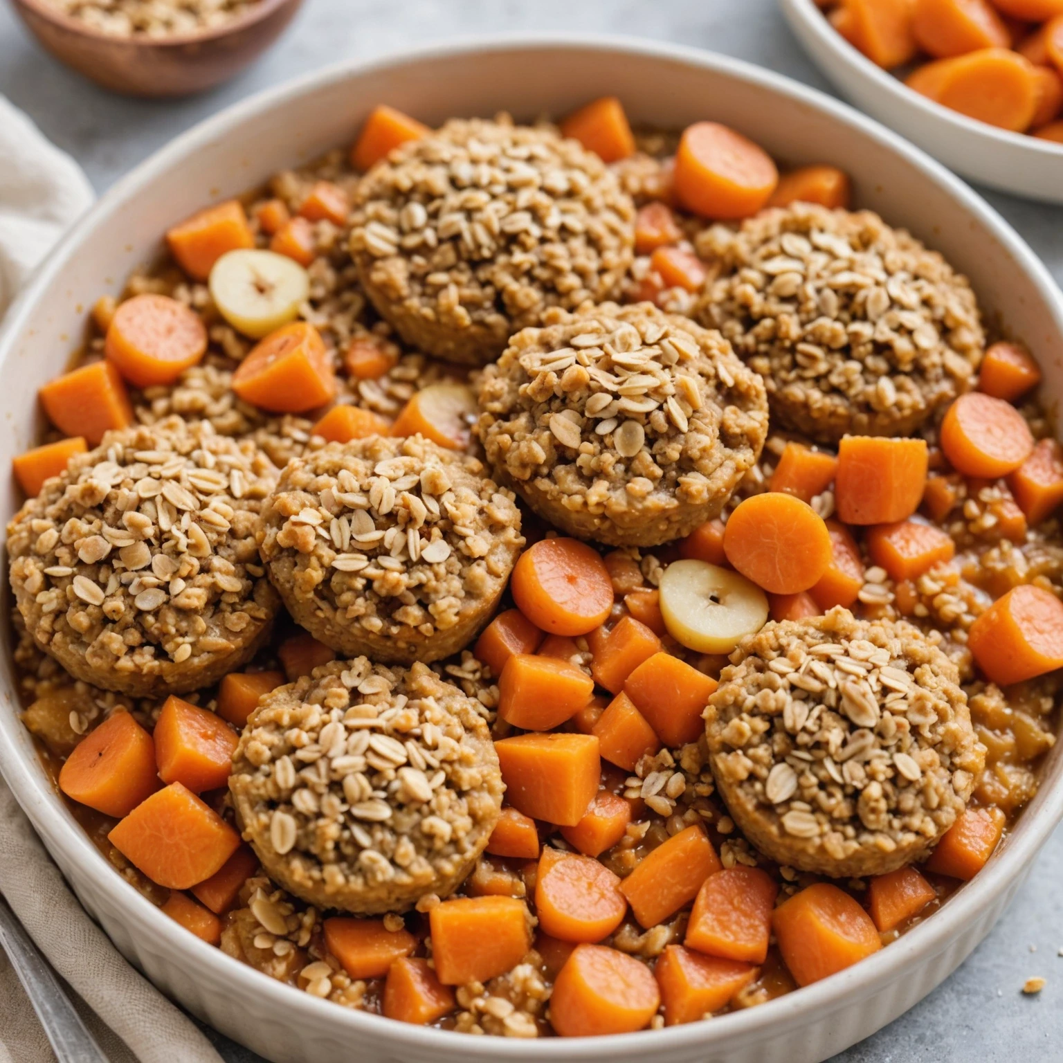 Tender Carrot and Pear Toddler Cobbler with Oat Topping