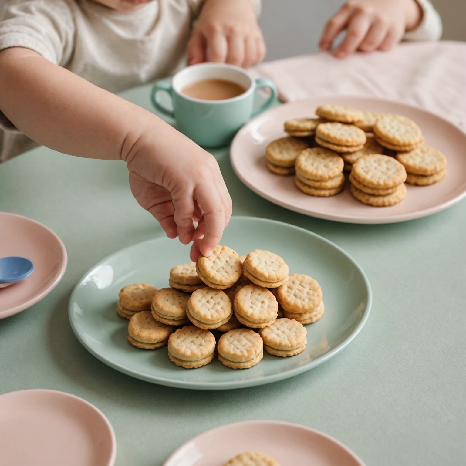 Close-up of a toddler's hand reaching for soft finger-food biscuits on a pastel plate at a calm, tidy mealtime setting.