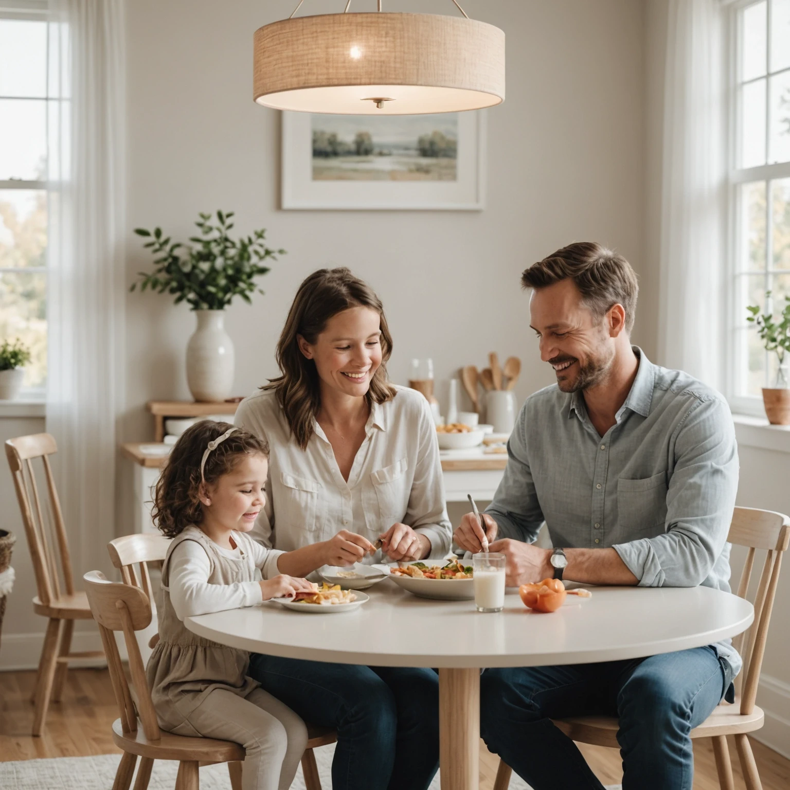 Relaxed parent smiling gently while sitting beside toddler at a calm dining table in a softly lit, minimalist setting, promoting positive mealtime interaction.