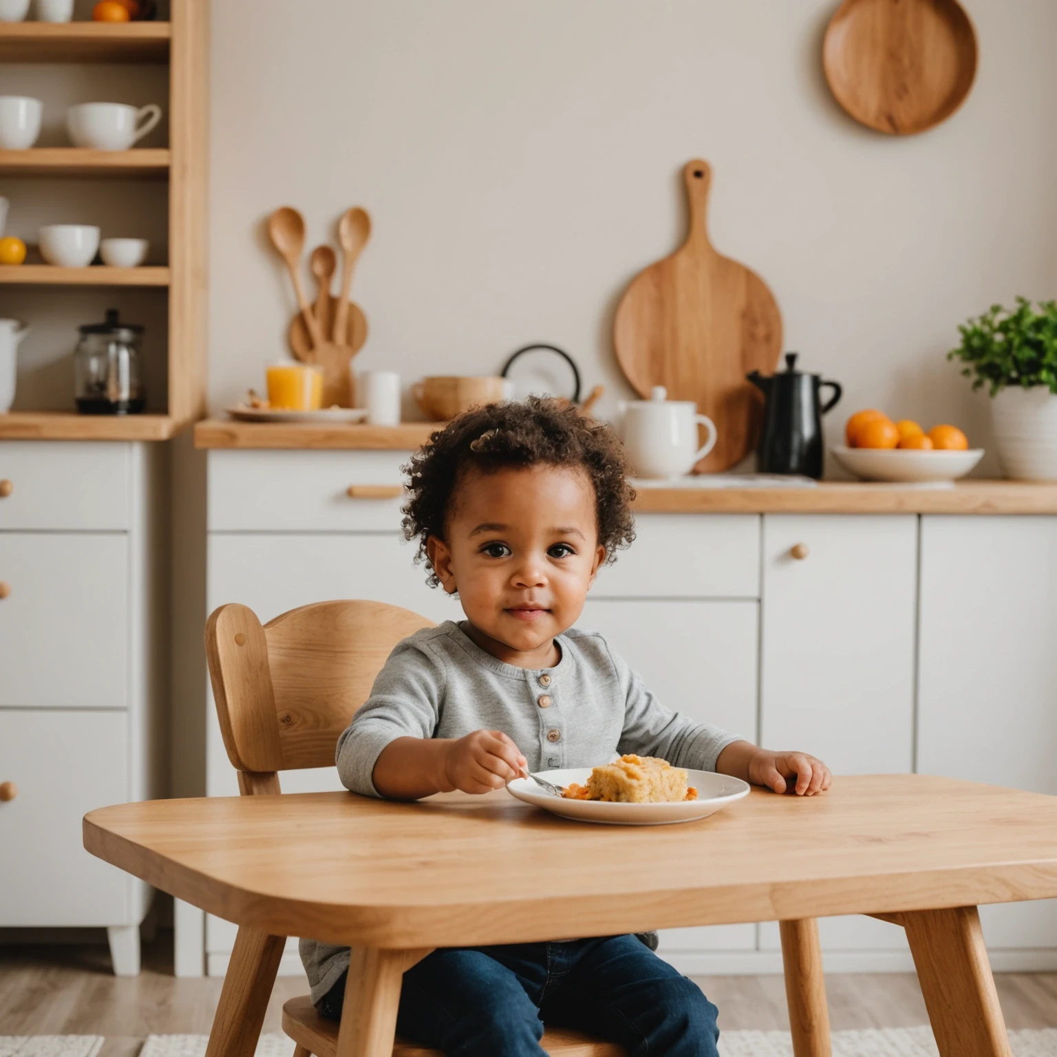 Cozy toddler dining space with child sitting in assigned chair at a neatly set table with soft finger foods and neutral decor, emphasizing routine and calm mealtime.