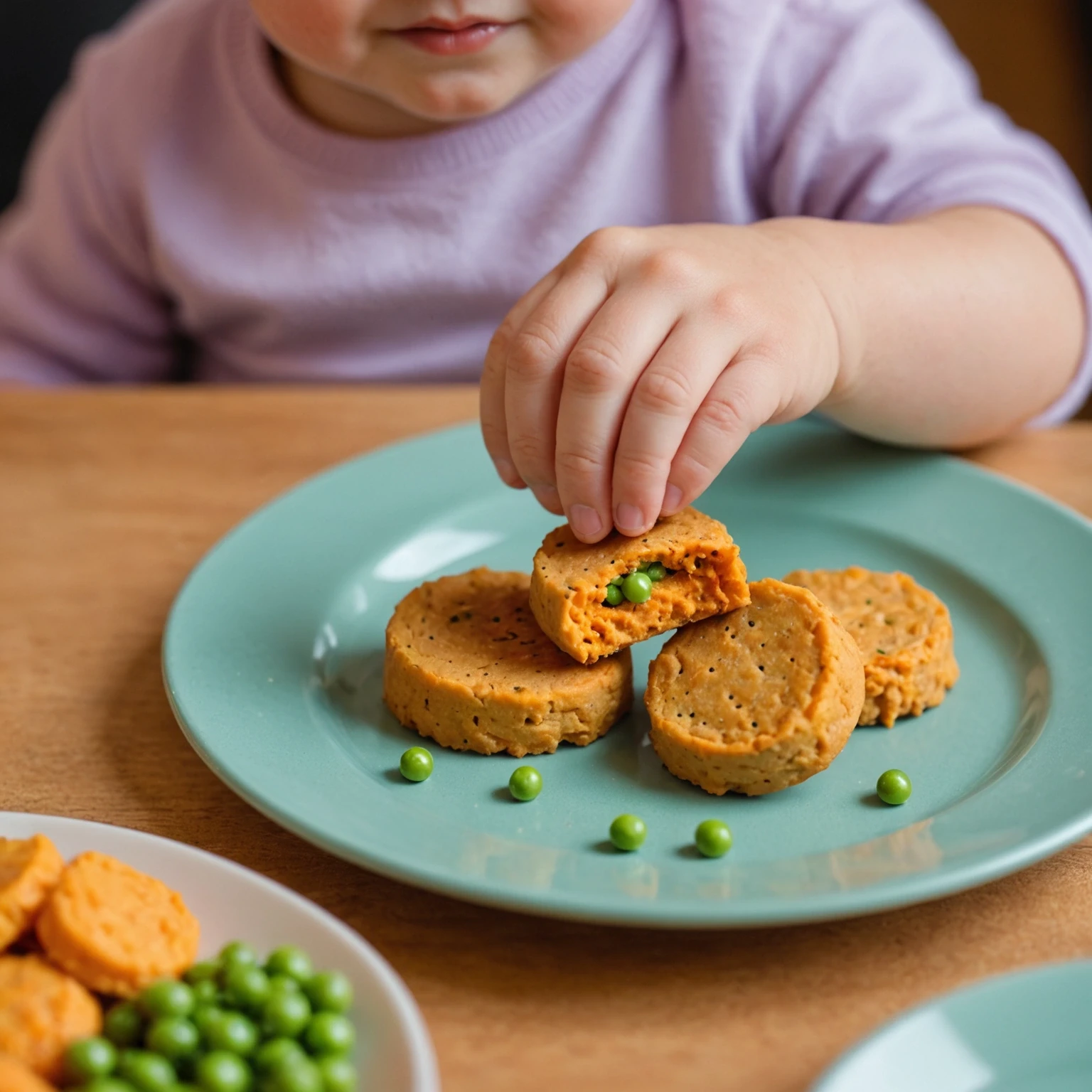 Close-up of a toddler's hand holding a soft savory sweet potato and pea biscuit with other healthy finger foods on a plate, representing safe finger food textures for toddlers.