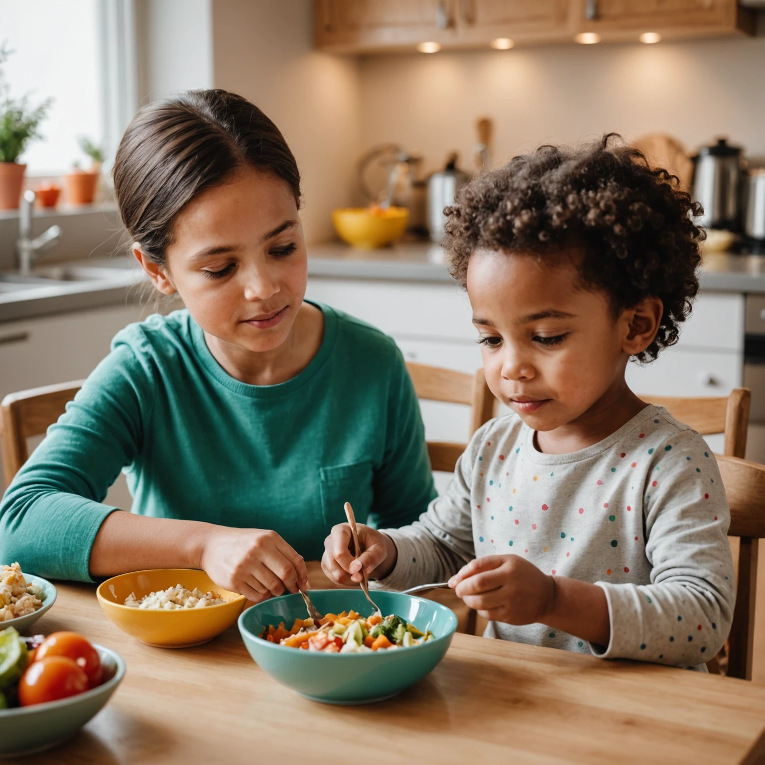 A caregiver attentively supervises a toddler eating soft finger foods and purees at a tidy dining table, emphasizing safe and supported mealtime during texture progression.