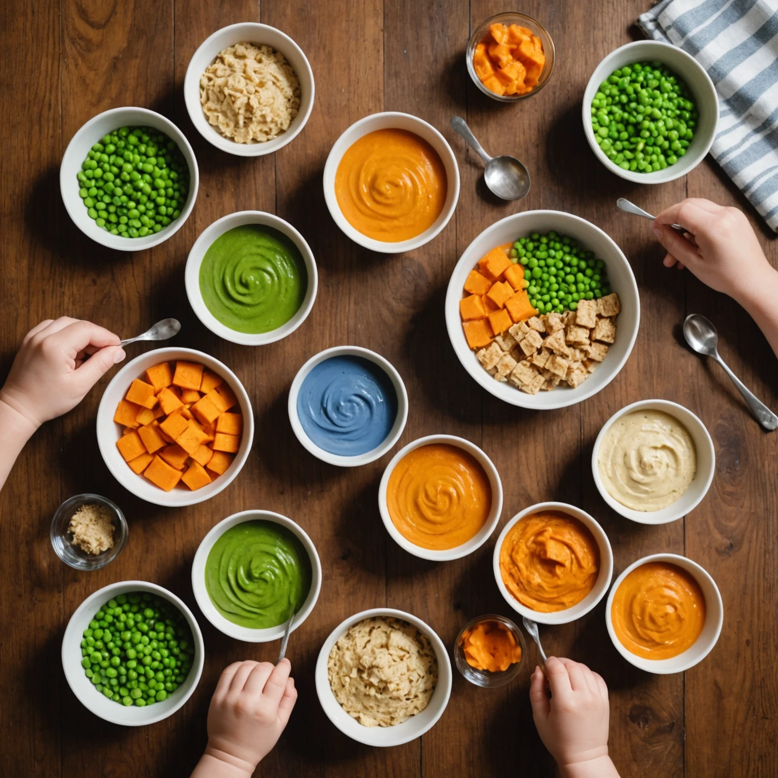 Flat lay visual guide displaying five stages of toddler food texture progression from purees to family table foods with labeled bowls and plates on a wooden surface.