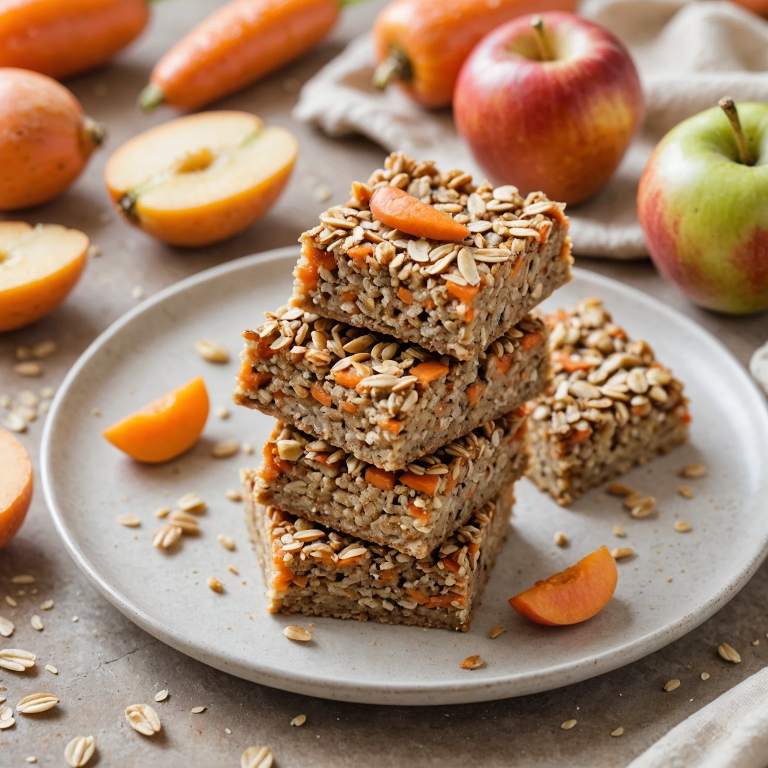 Close-up of soft mini carrot and apple oat bars on a rustic plate, showing natural texture with embedded fruit and vegetable pieces, framed by fresh ingredients.