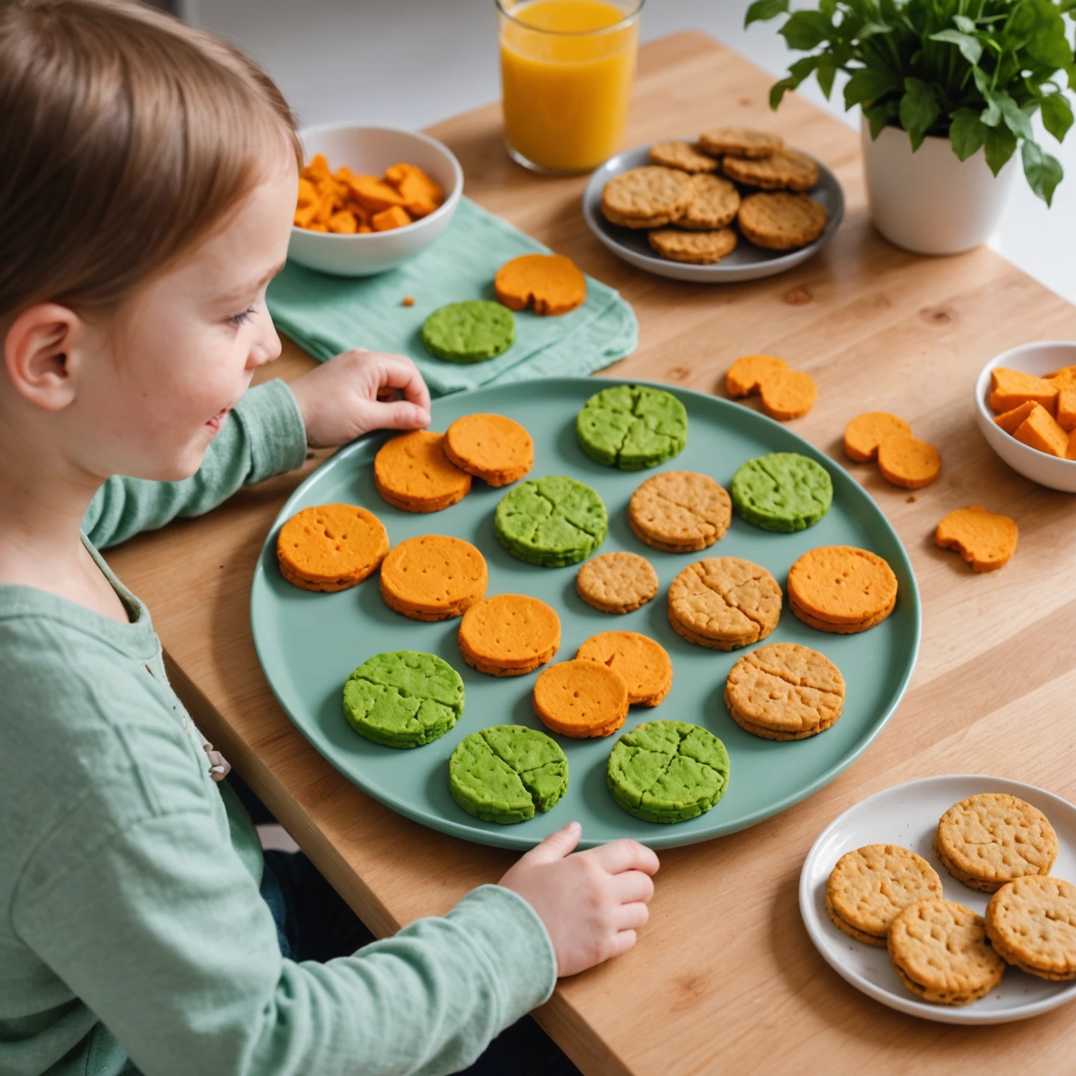 Toddler happily holding a savory sweet potato and pea biscuit shaped like a star, sitting by a segmented silicone snack plate filled with colorful finger foods in a cozy kitchen.