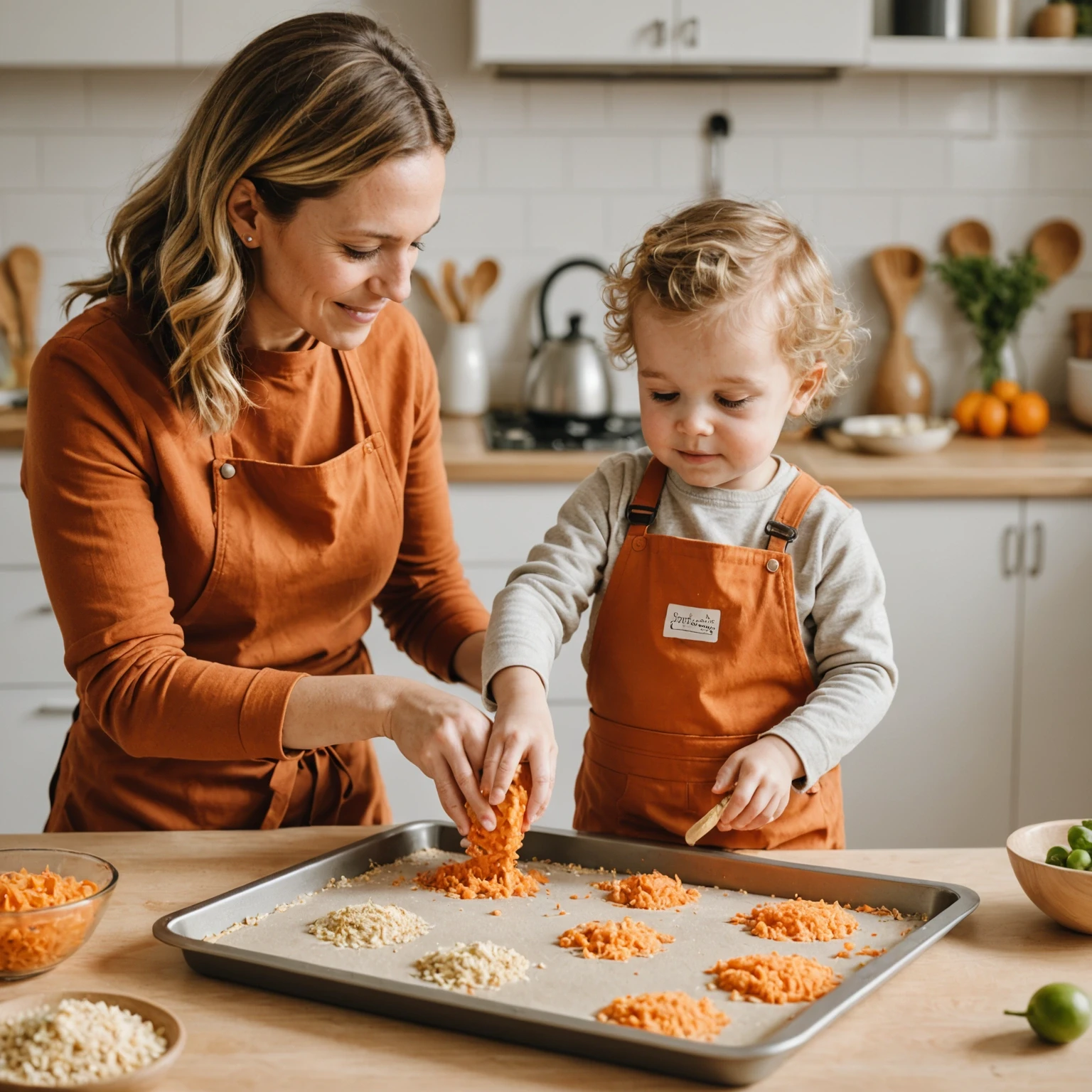 Parent and toddler hands working together to prepare shaped dough pieces on a baking tray surrounded by fresh ingredients, highlighting interactive and creative snack making.