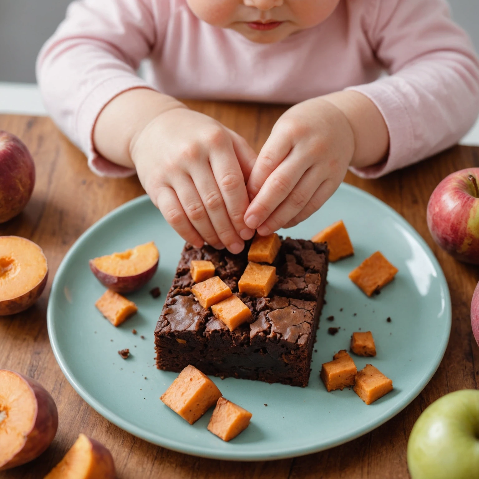 Close-up of toddler’s hand reaching for a soft sweet potato and apple brownie on a pastel plate, with fresh sweet potatoes and apples in the background, illustrating allergy-friendly toddler dessert.