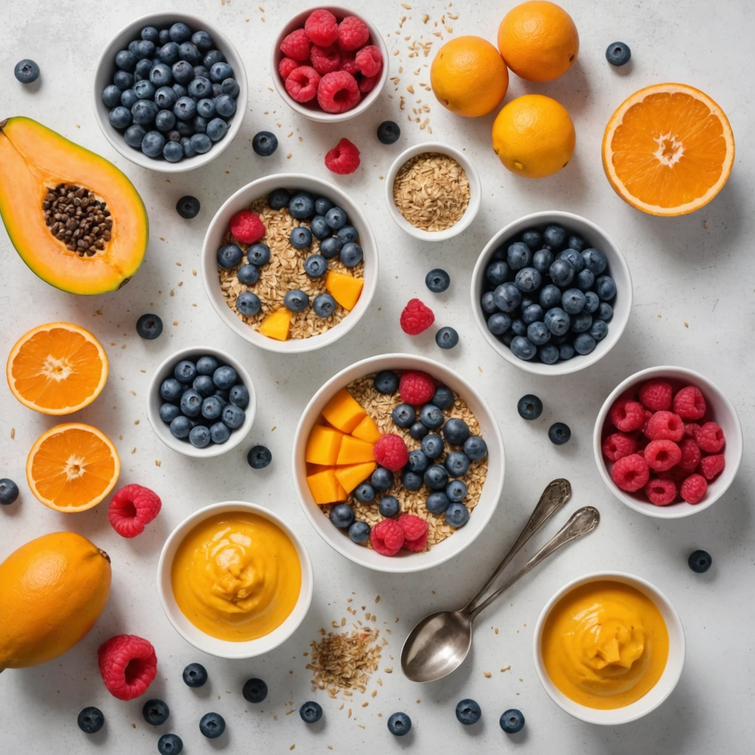 Flat lay of fresh, natural ingredients for allergy-friendly toddler desserts including mango, berries, chia seeds, quinoa, sweet potato, orange slices, coconut milk, and oats on a white rustic surface.