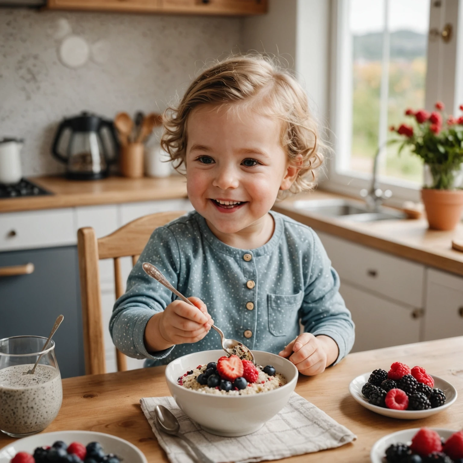 Happy toddler eating soft creamy quinoa porridge with mixed berries and chia seeds, spoon-fed by parent in bright cozy kitchen, illustrating allergy-conscious toddler desserts.