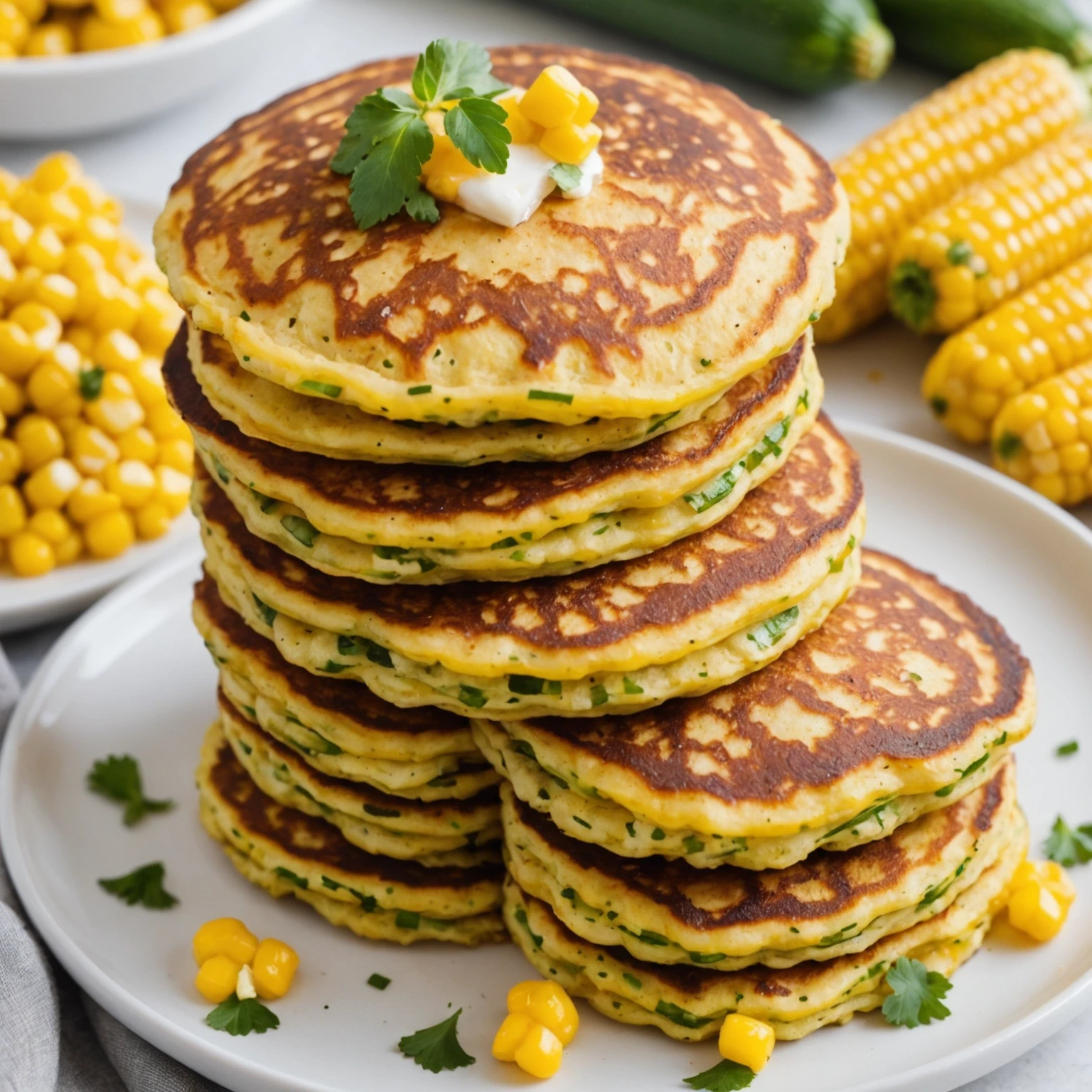 Zucchini and Sweet Corn Baby Pancakes with Mild Oregano