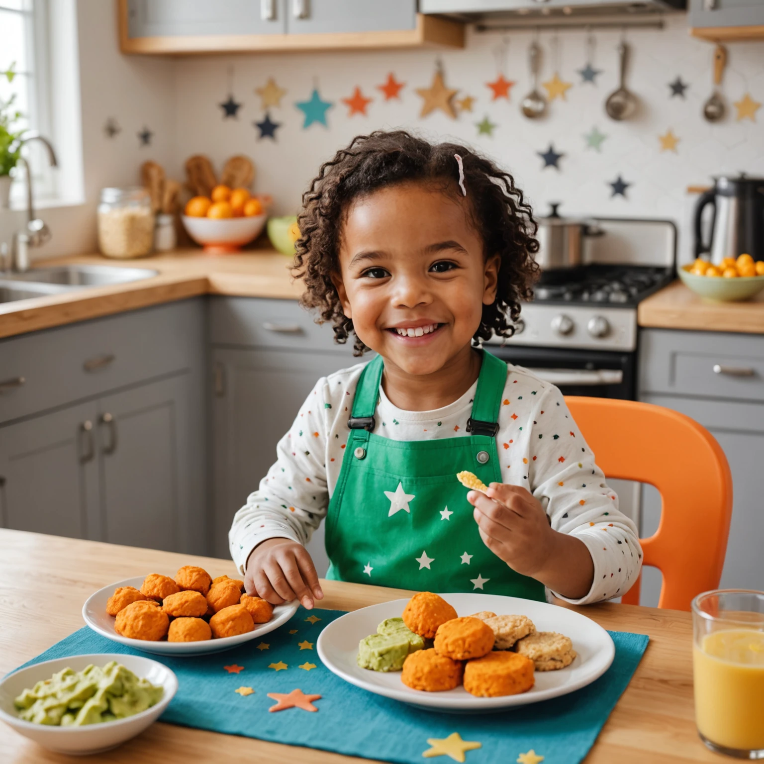 Smiling toddler enjoying allergy-friendly finger foods at a colorful table with a parent preparing a gluten-free meal in a warm, inviting kitchen.