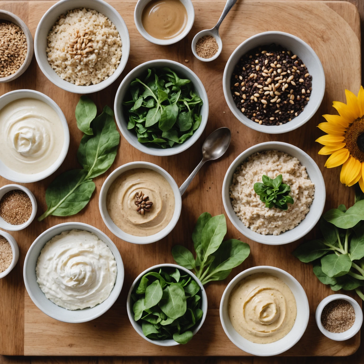 Close-up of allergy-friendly ingredient swaps including coconut yogurt, sunflower seed butter, quinoa flour, leafy greens, and mashed banana on a wooden cutting board.