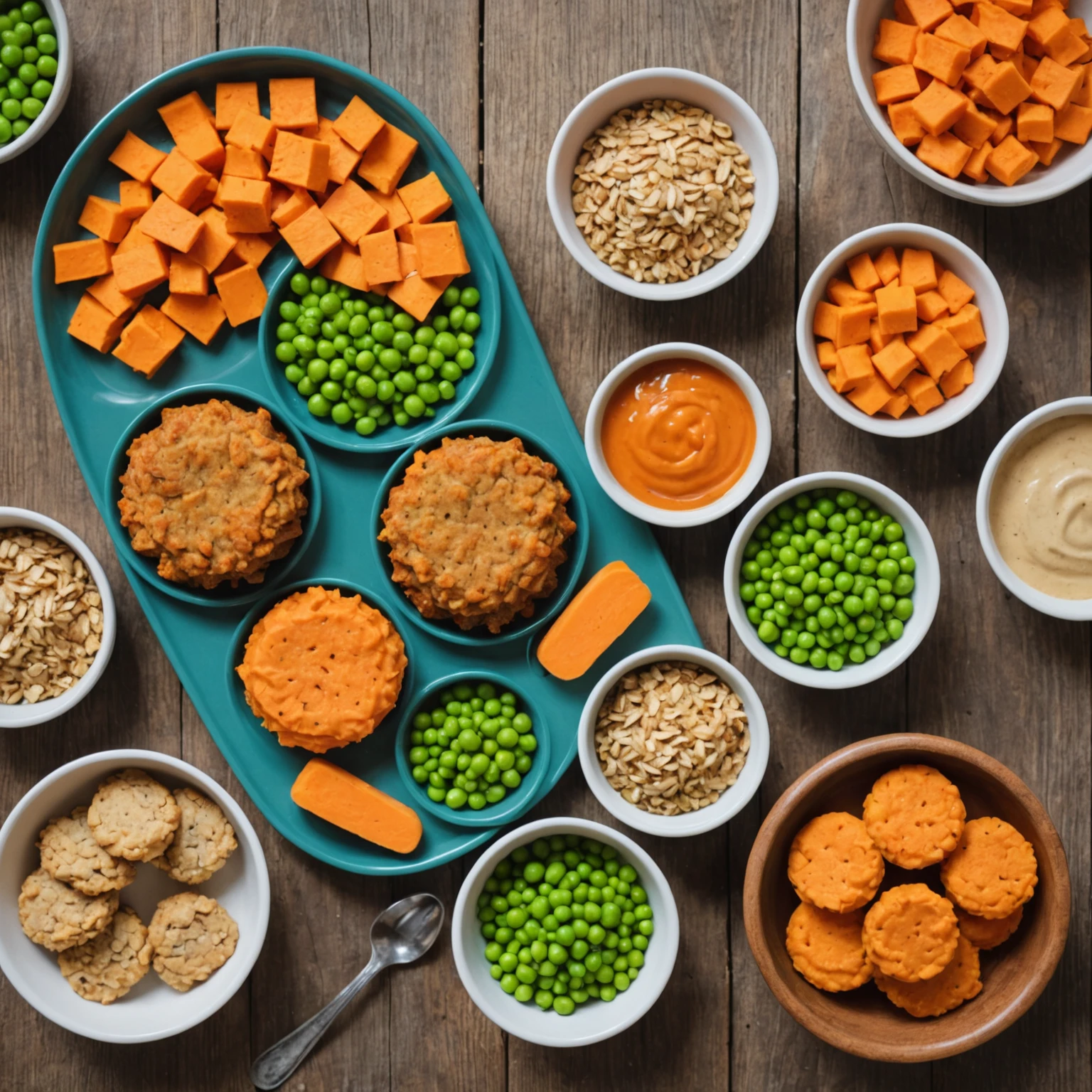 Top-down view of a colorful toddler plate with mini carrot oat bars, sweet potato pea biscuits, and allergen-safe dipping sauces on a wooden table.