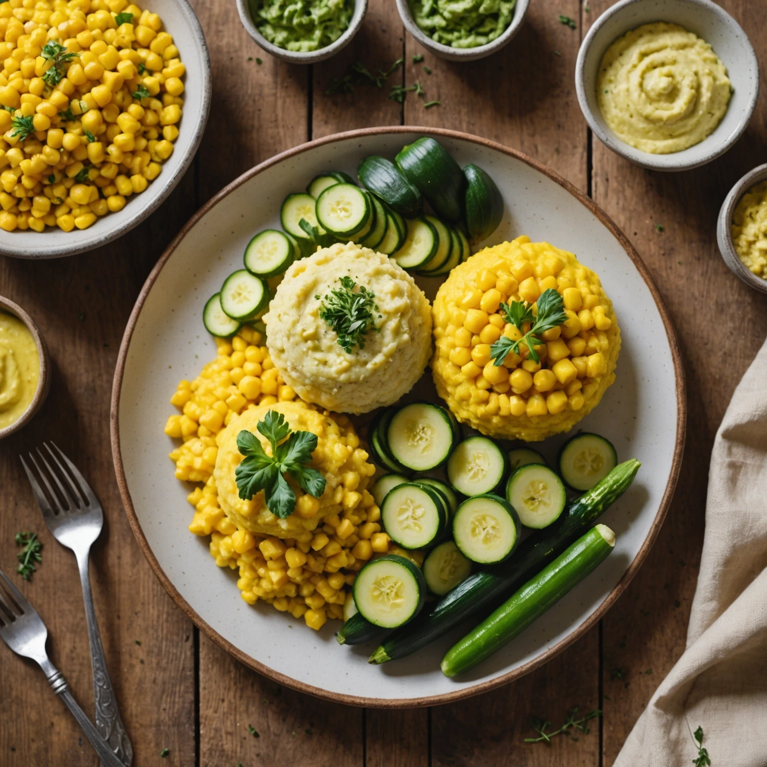 Close-up of a toddler’s plate with creamy cauliflower and chickpea mash and sweetcorn polenta bites, highlighting nutritious, plant-based toddler-friendly meals.