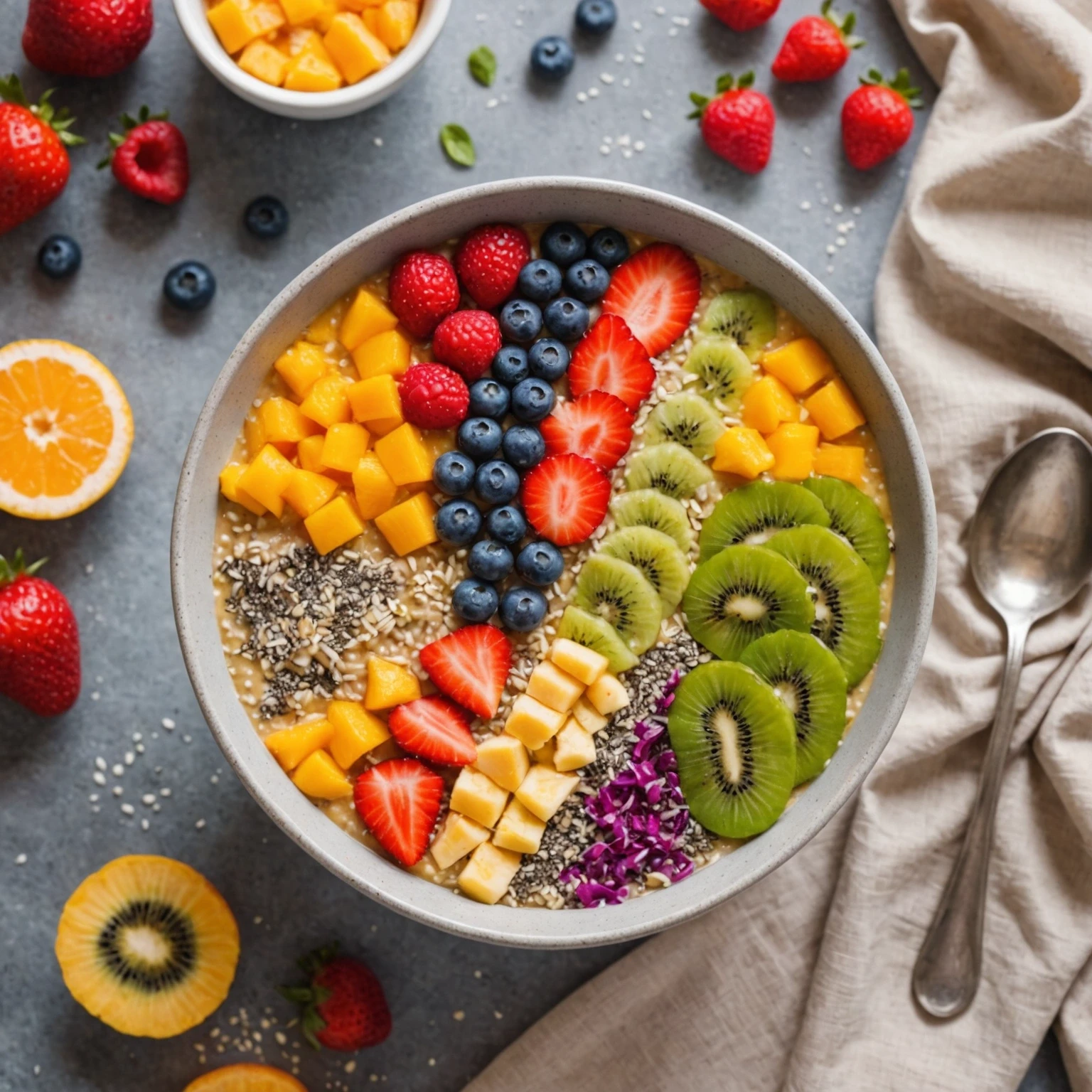 Vibrant toddler-friendly smoothie bowl with tropical fruits, chia seeds, and coconut on millet porridge, symbolizing nutritious plant-based breakfast.