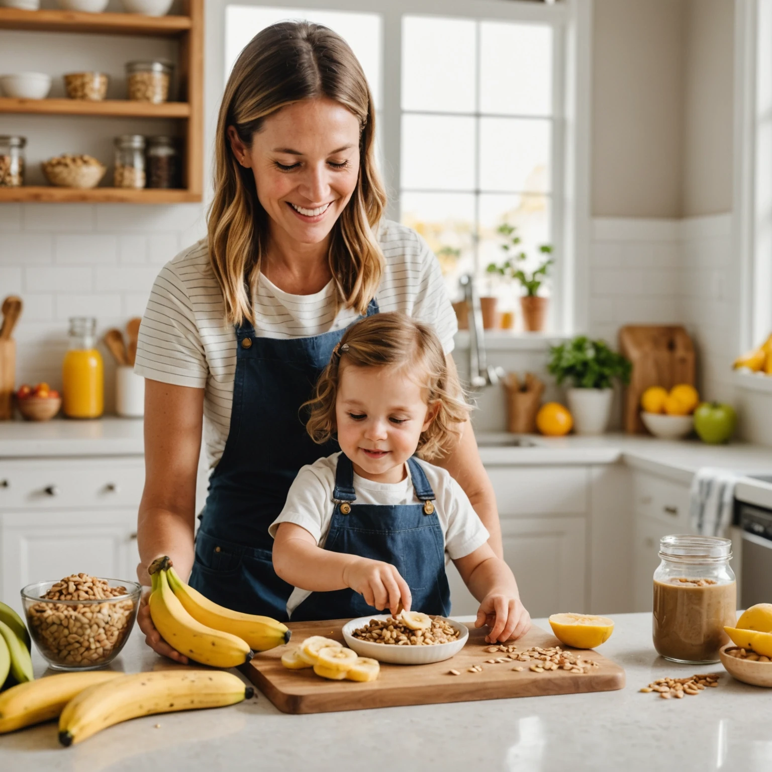 Toddler and parent preparing plant-based snacks of rice cakes with sunflower seed butter and bananas in a bright kitchen, emphasizing healthy food bonding.