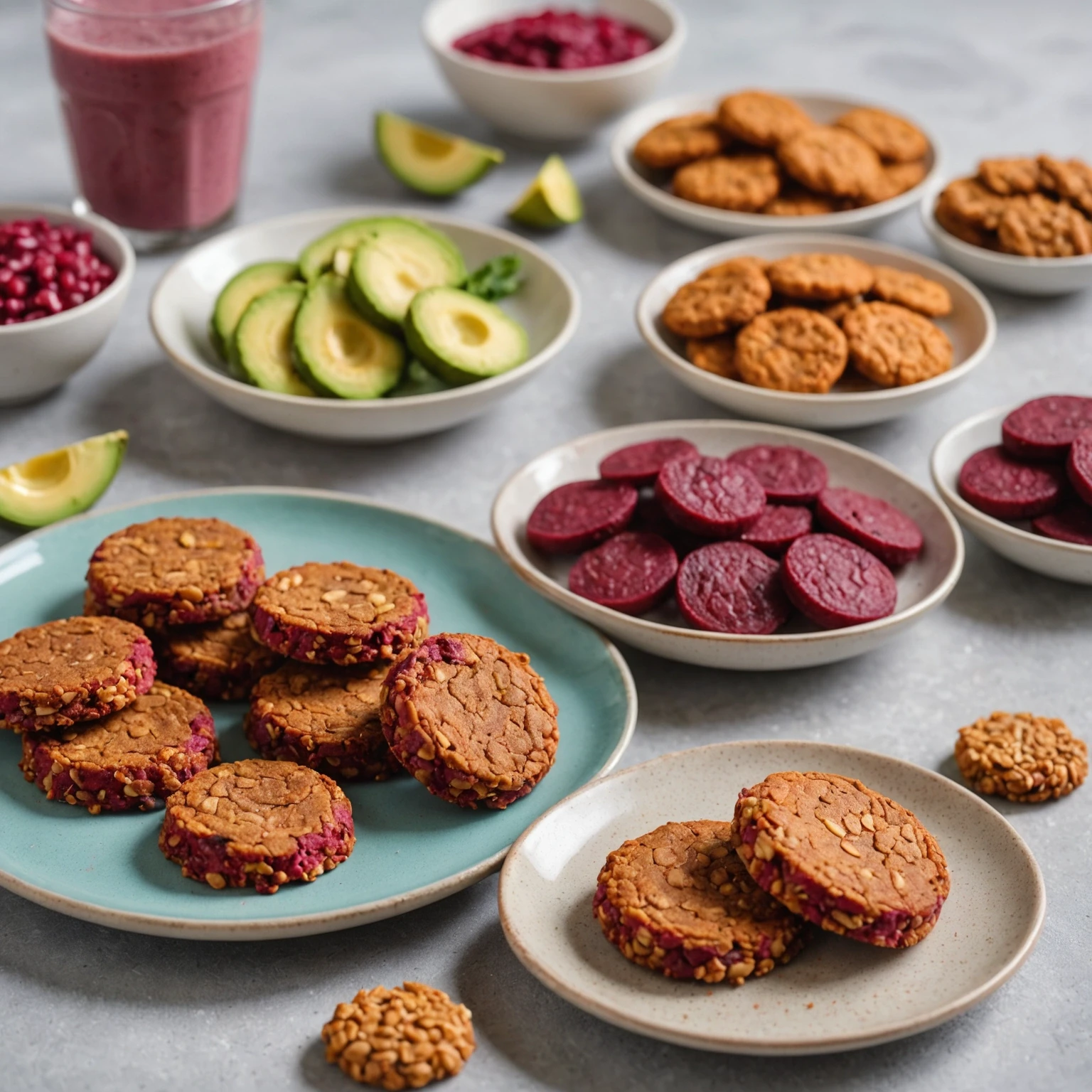 Close-up of soft, colorful nut-free toddler snacks including beet-quinoa cookies, sweet potato patties, and creamy avocado smoothie bowls styled on pastel dishes with natural light.