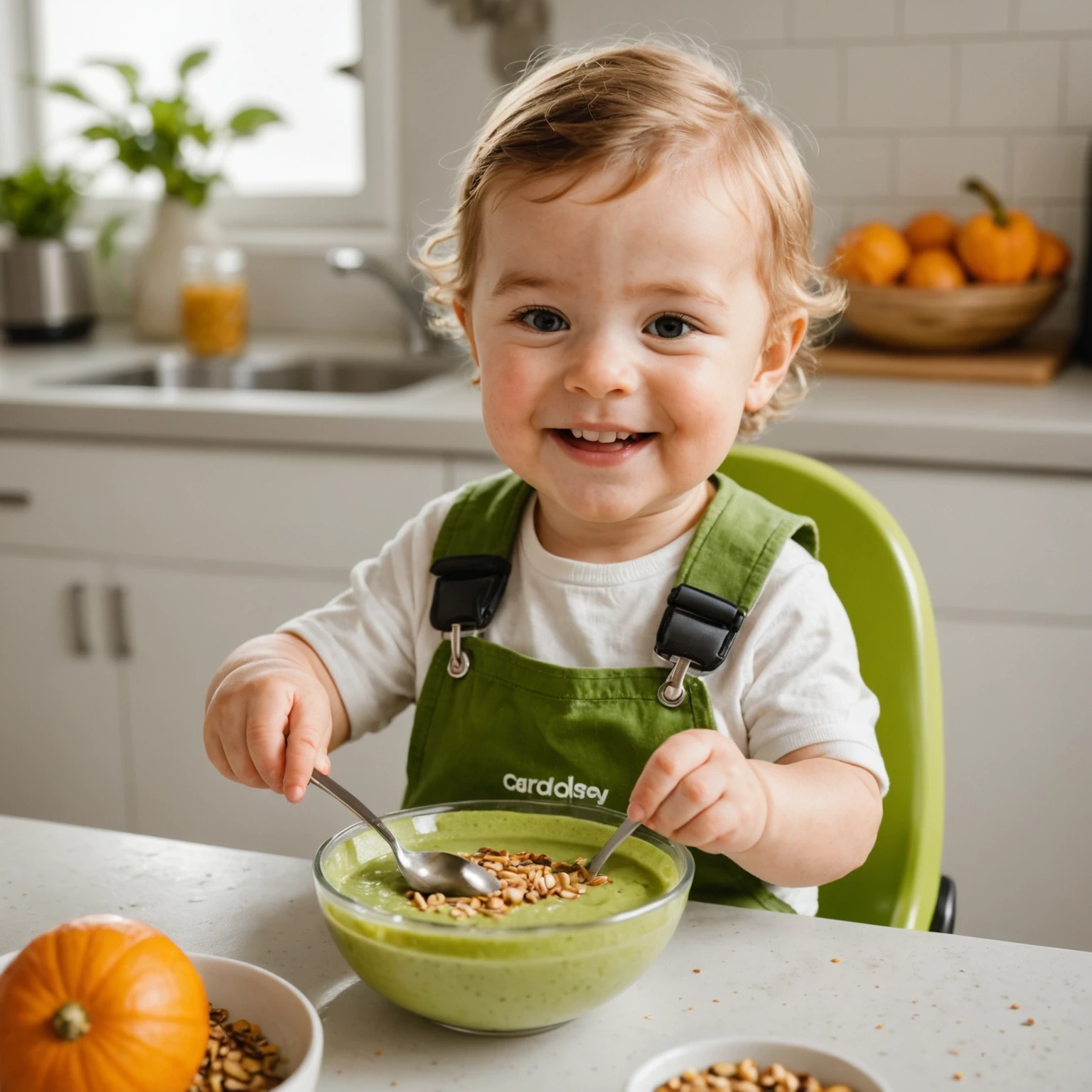Smiling toddler self-feeding with a spoon from a nut-free pear and avocado smoothie bowl topped with seeds, sitting happily in a cozy, well-lit kitchen setting.