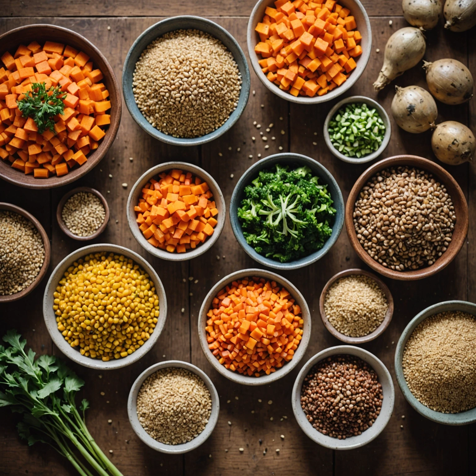 Close-up of whole grains like quinoa, barley, millet, and fresh colorful vegetables including sweet potatoes, carrots, and bell peppers arranged on a wooden surface, emphasizing wholesome ingredients for toddler meals.