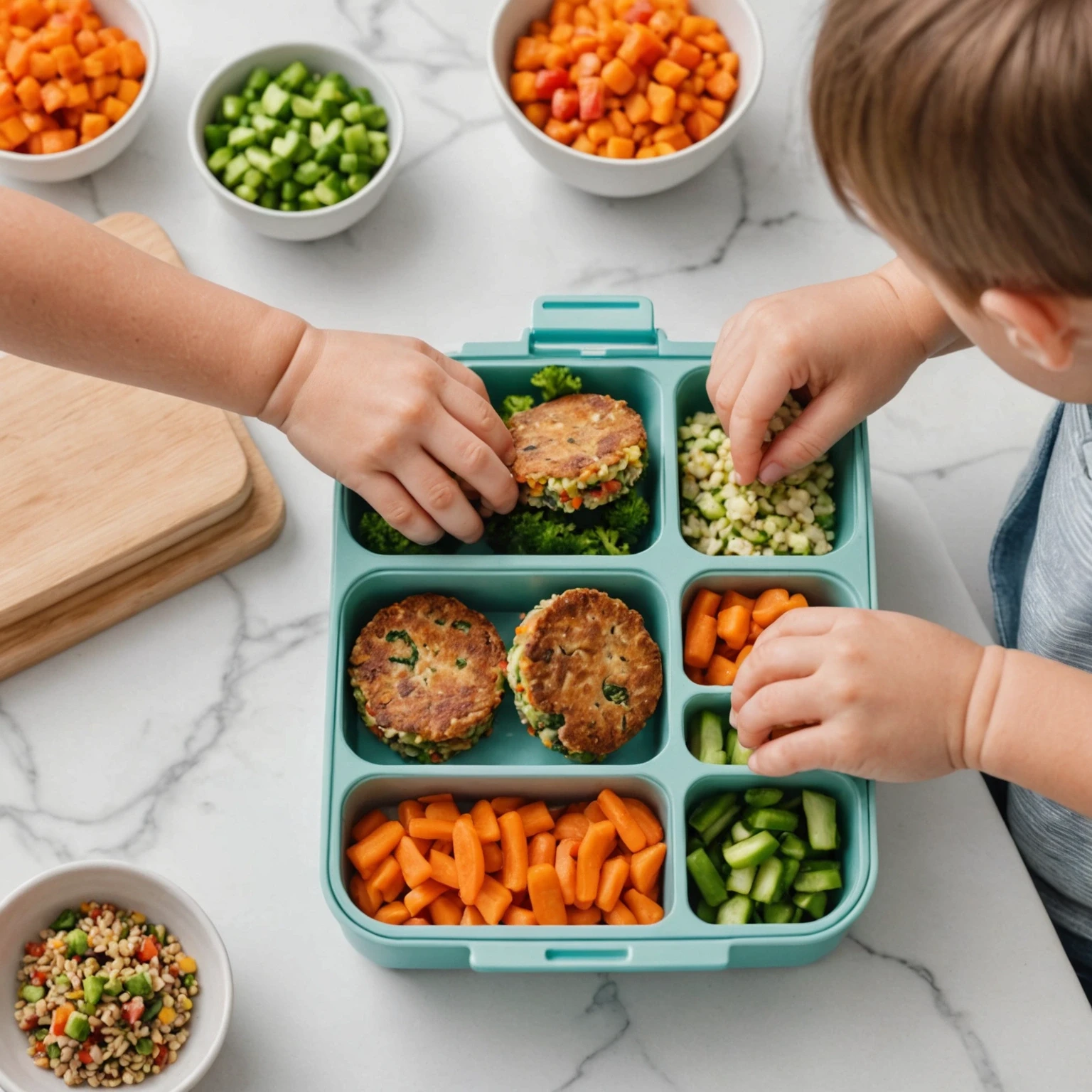 Toddler hands packing a lunchbox with soft mini vegetable patties and grain-based finger foods, with containers of colorful chopped vegetables and mild herb dip visible, highlighting interactive meal preparation.