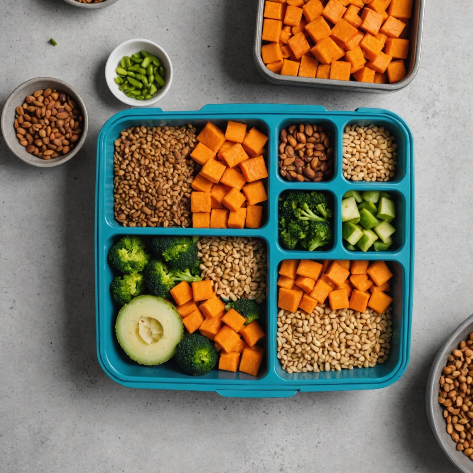 Overhead view of a compartmentalized lunchbox containing allergy-friendly whole grain lentil casserole, roasted sweet potato cubes, steamed green vegetables, and fresh fruit, designed for a balanced toddler lunch.