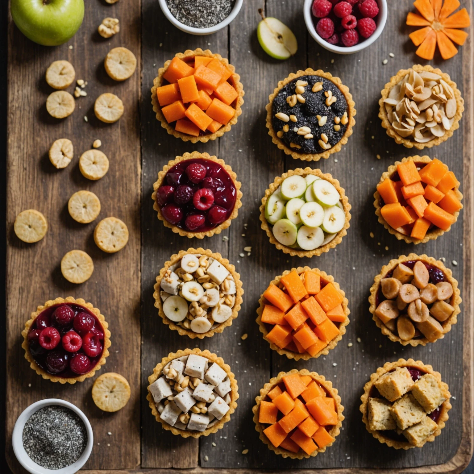Close-up of nut-free toddler snacks including chickpea carrot biscuit bites, baked apple-pear fruit leather, and berry chia seed tartlets on a wooden board under natural light.