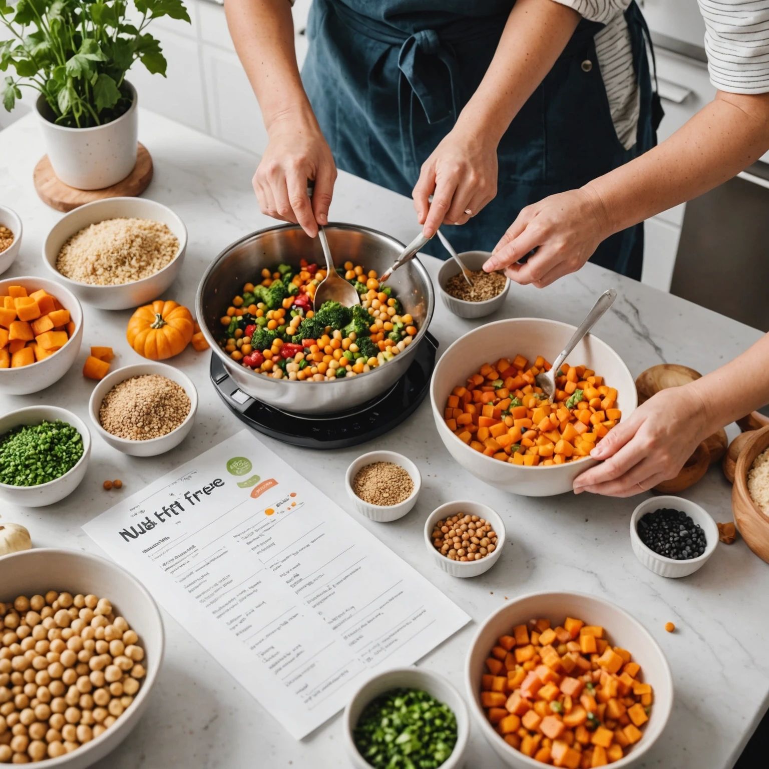 Nut-free toddler meal preparation scene showing fresh legumes, vegetables, berries, chia seeds, and grains on a clean kitchen counter being prepared by hands with a nut-free recipe sheet nearby.