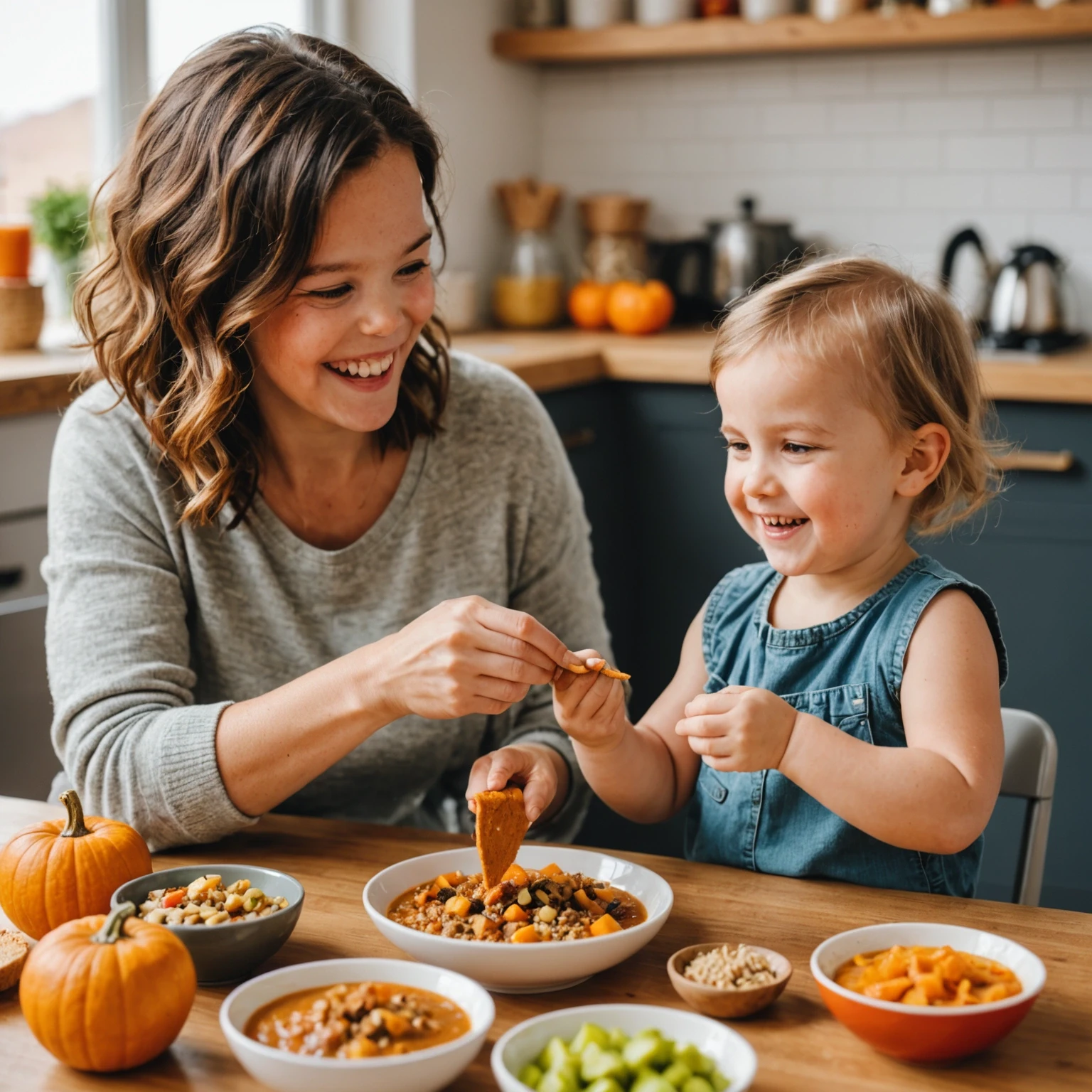 Toddler and parent sharing a joyful nut-free snack time with soft mini biscuit bites and fruit leather snacks at a cozy table in a warm home environment.