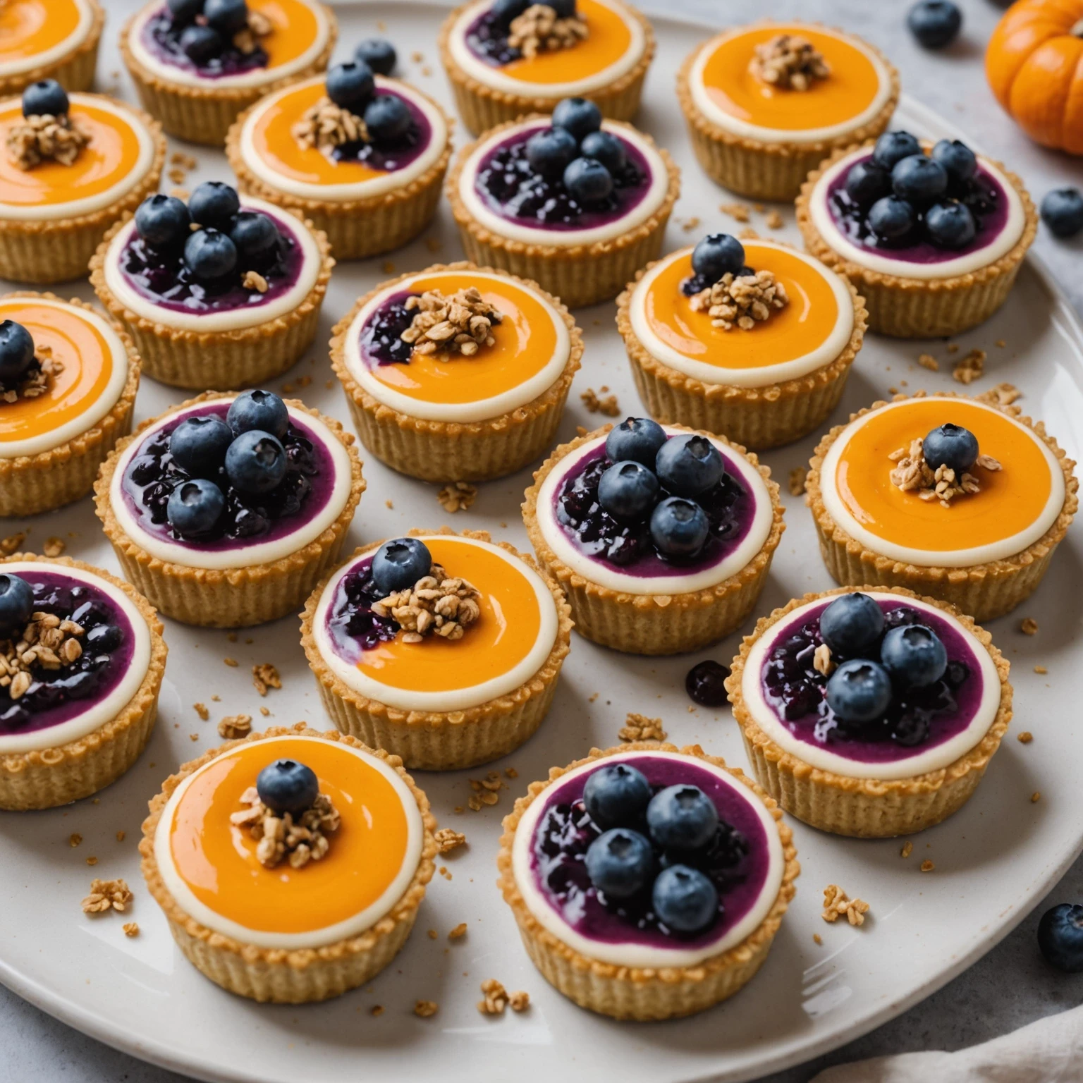 Pumpkin and Blueberry Mini Cheesecakes with Oat Crust
