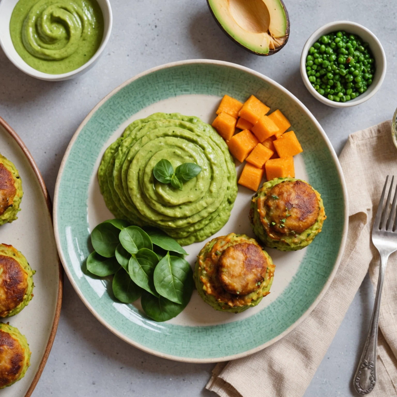 Close-up of an allergy-conscious toddler plate with avocado pea puree, lentil spinach meatballs, and sweet potato apple mini pancakes drizzled with maple syrup.