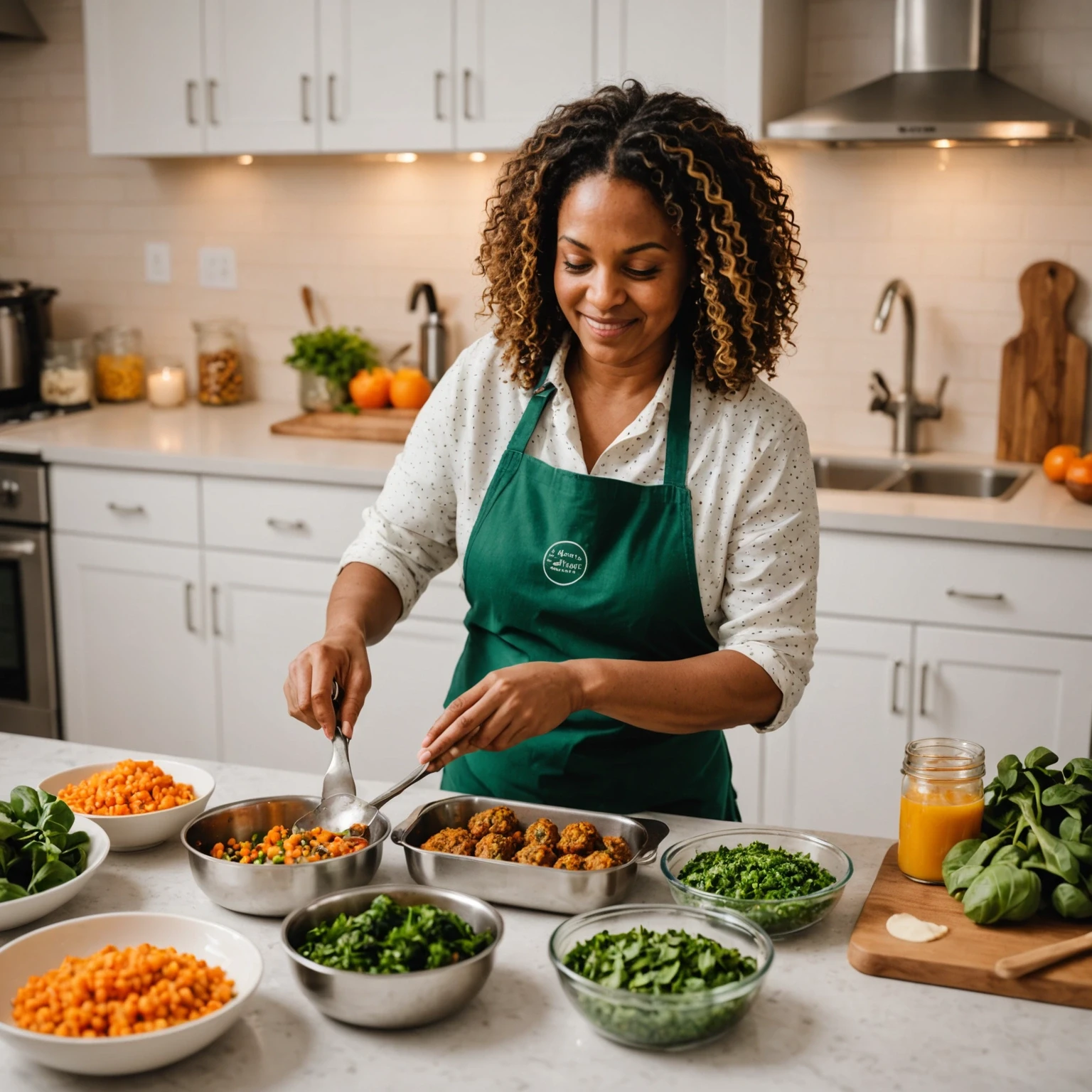 Parent preparing and portioning batch-cooked nut-free protein and iron-rich toddler meals with lentils, spinach, and quinoa in a modern kitchen.