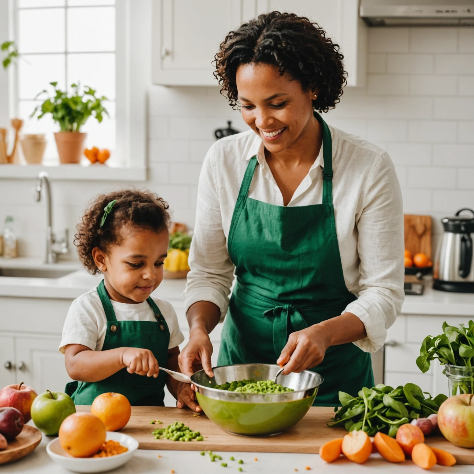 Toddler happily involved in cooking an iron- and protein-rich nut-free puree with parent in a bright, modern kitchen.